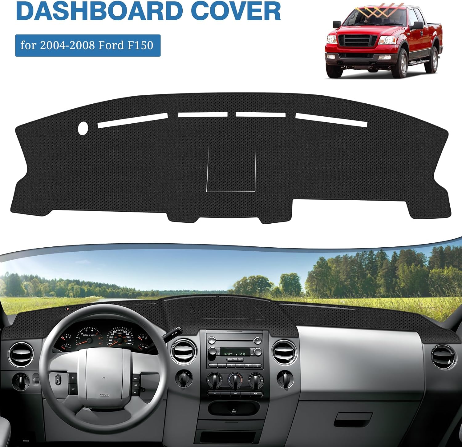 FIILINES Dash Cover for Ford F150 2004-2008, Dashboard Cover Mat for F150 Accessories Mesh Breathable Non-Slip Dash Mat UV Protector No Glare Black