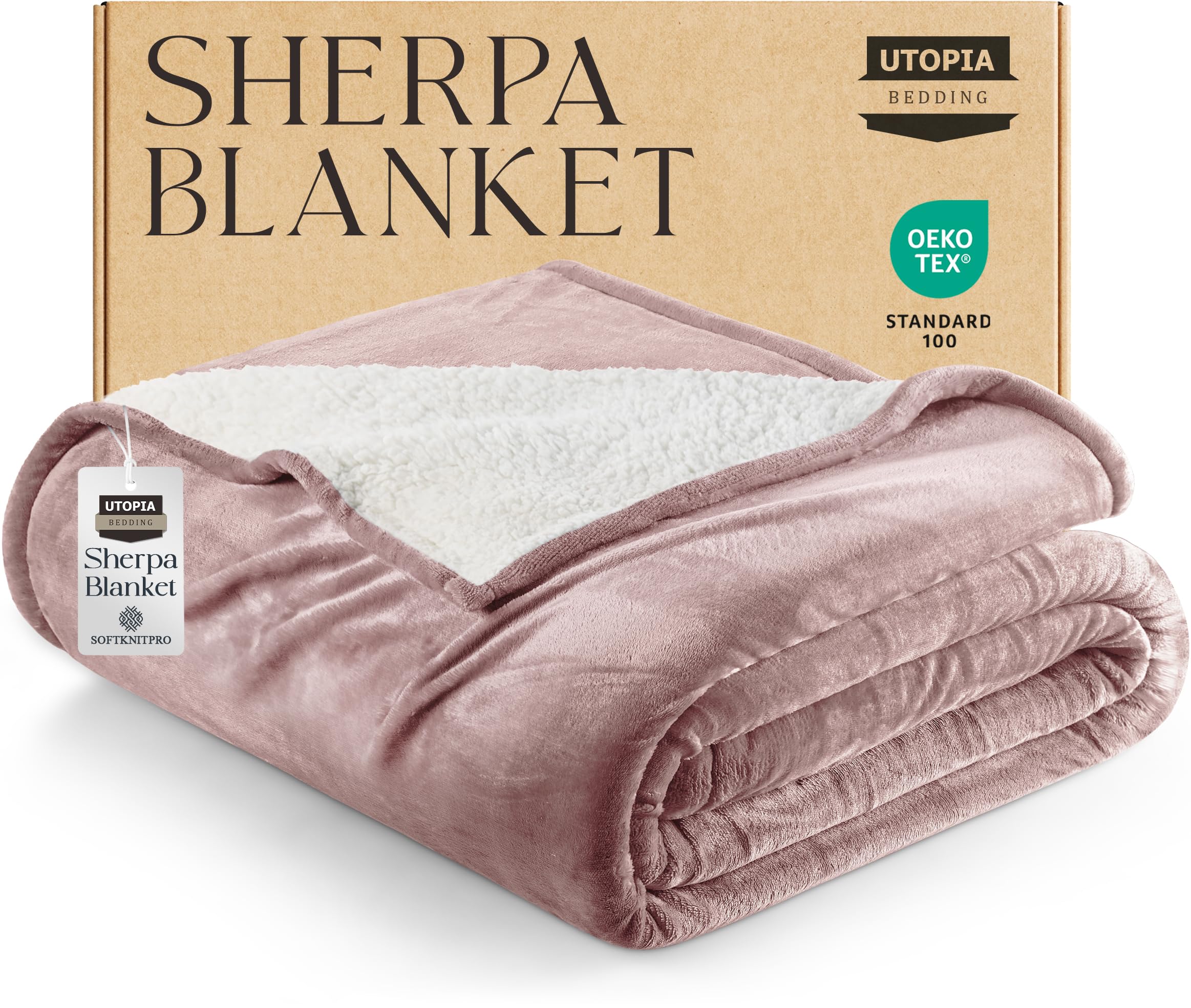 Utopia Bedding Sherpa Blanket Twin Size (Rose Pink, 90x66 Inches) - Soft Lightweight Plush Fleece Reversible Blanket for Bed, Sofa, Couch, Camping and Travel