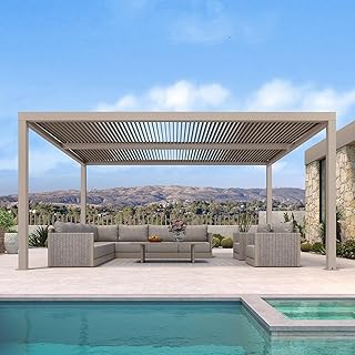 PURPLE LEAF Lamellenpergola 3.65 x 4.8 m Wasserdicht Stabil Winterfest Freistehend Terrassenüberdachung Alu Pergola mit Verstellbaren Lamellendach Lamellenpavillon für Partyzelt, Champagner