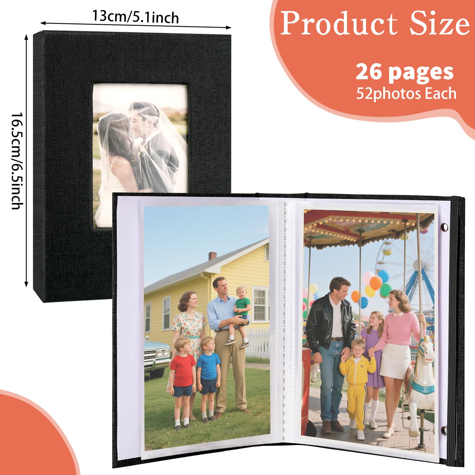 Paquete de 24 álbumes de fotos, libro de recuerdos negro para fotos pequeñas de 4 x 6 pulgadas con ventana frontal, cubierta de lino, 26 páginas transparentes con capacidad para 52 fotos para
