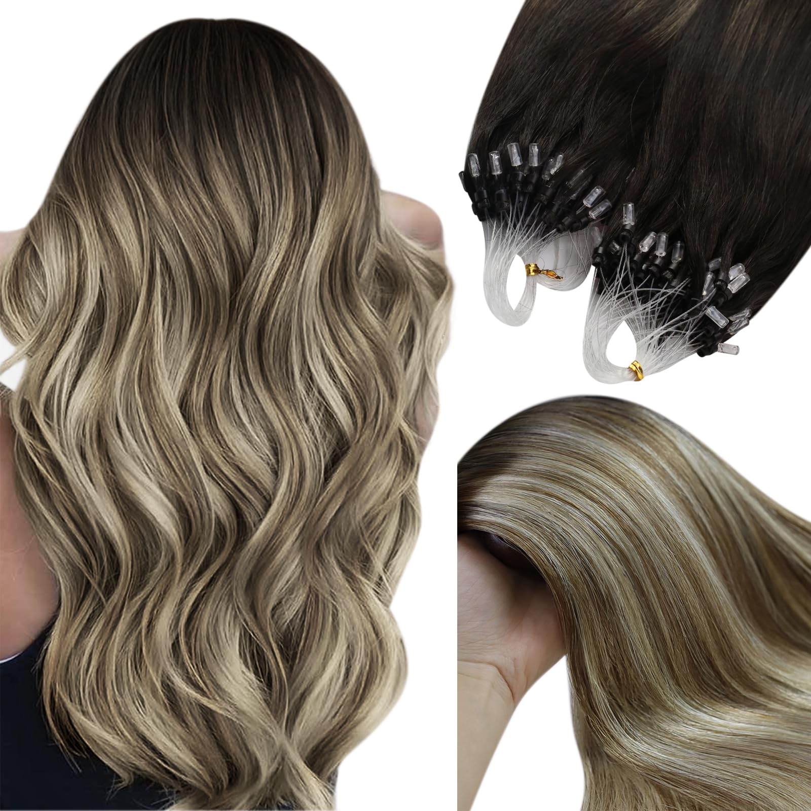 YoungSee Micro Loop Hair Extensions Real Human Hair Balayage 16In Micro Bead Hair Extensions Human Hair Dark Brown Ombre Blonde with Browns Bead Hair
