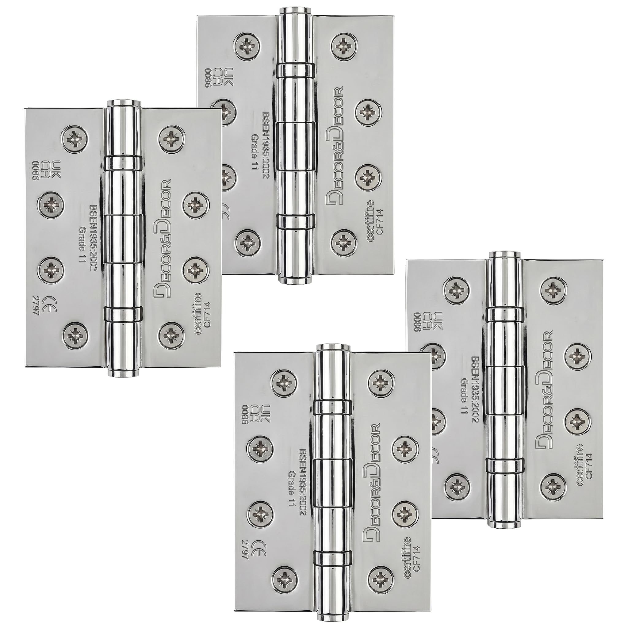Decoranddecor Door Hinges Internal - Fire Rated - 4 inches (102 mm) - Ball Bearing - Steel - Polished Chrome - 2 Pairs