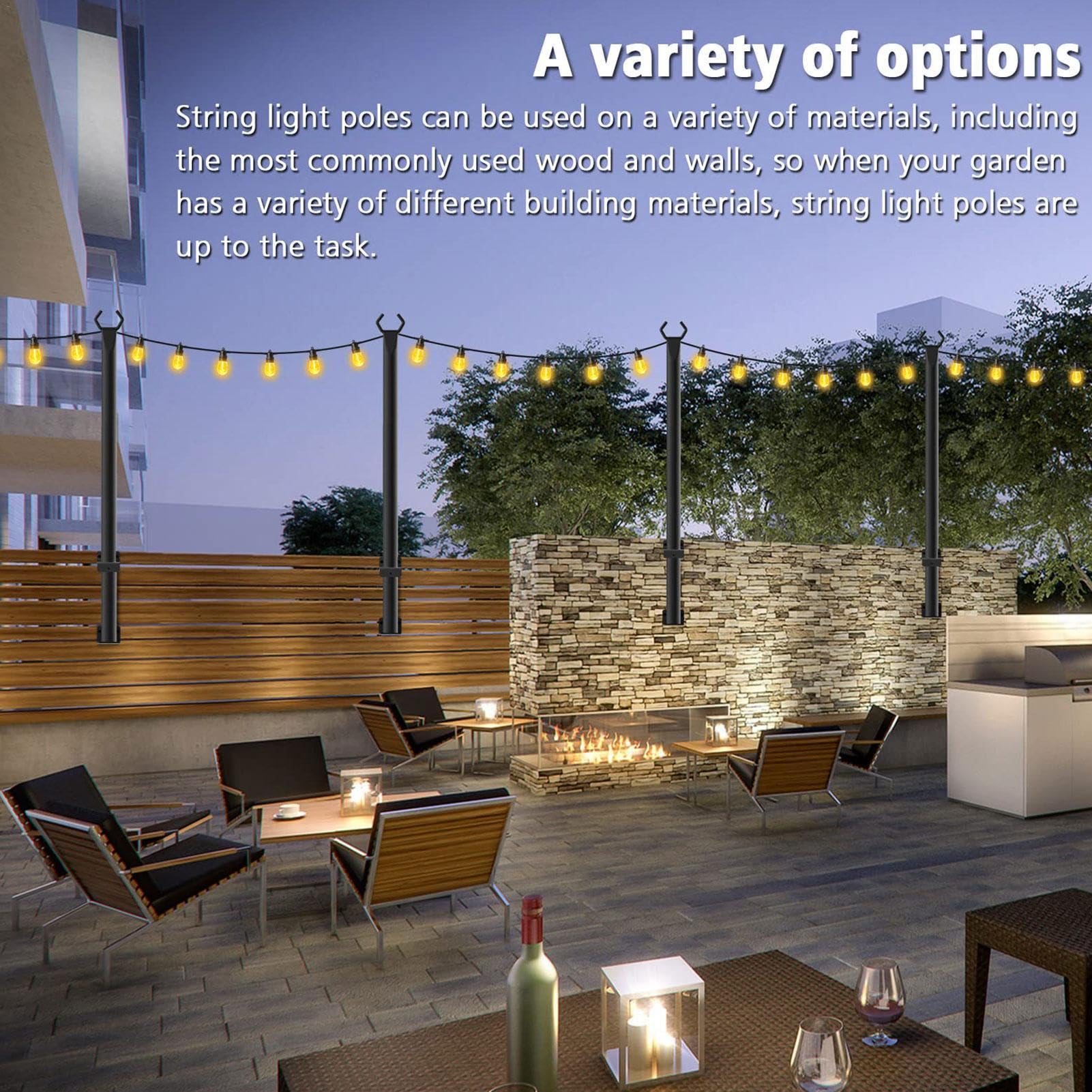 Lot de 2 guirlandes lumineuses d'extérieur – Support d'éclairage de terrasse avec clip fixe, poteau lumineux de jardin | Lot de 2 poteaux de terrasse avec base de suspension pour café, pelouse et