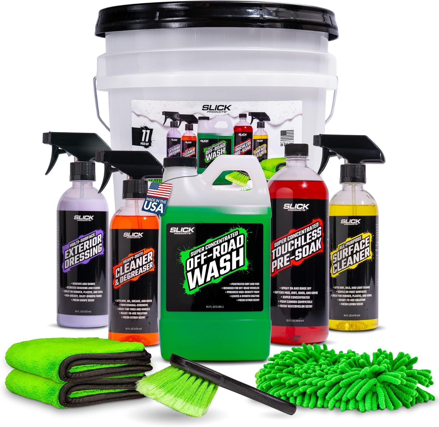 Slick Products Off-Road Wash & Detail Kit – 11-Piece Vehicle Cleaning & Detailing Set for Dirt Bikes, ATVs, UTVs & Trucks – Includes Wash, Degreaser, Brush & Microfiber Towels