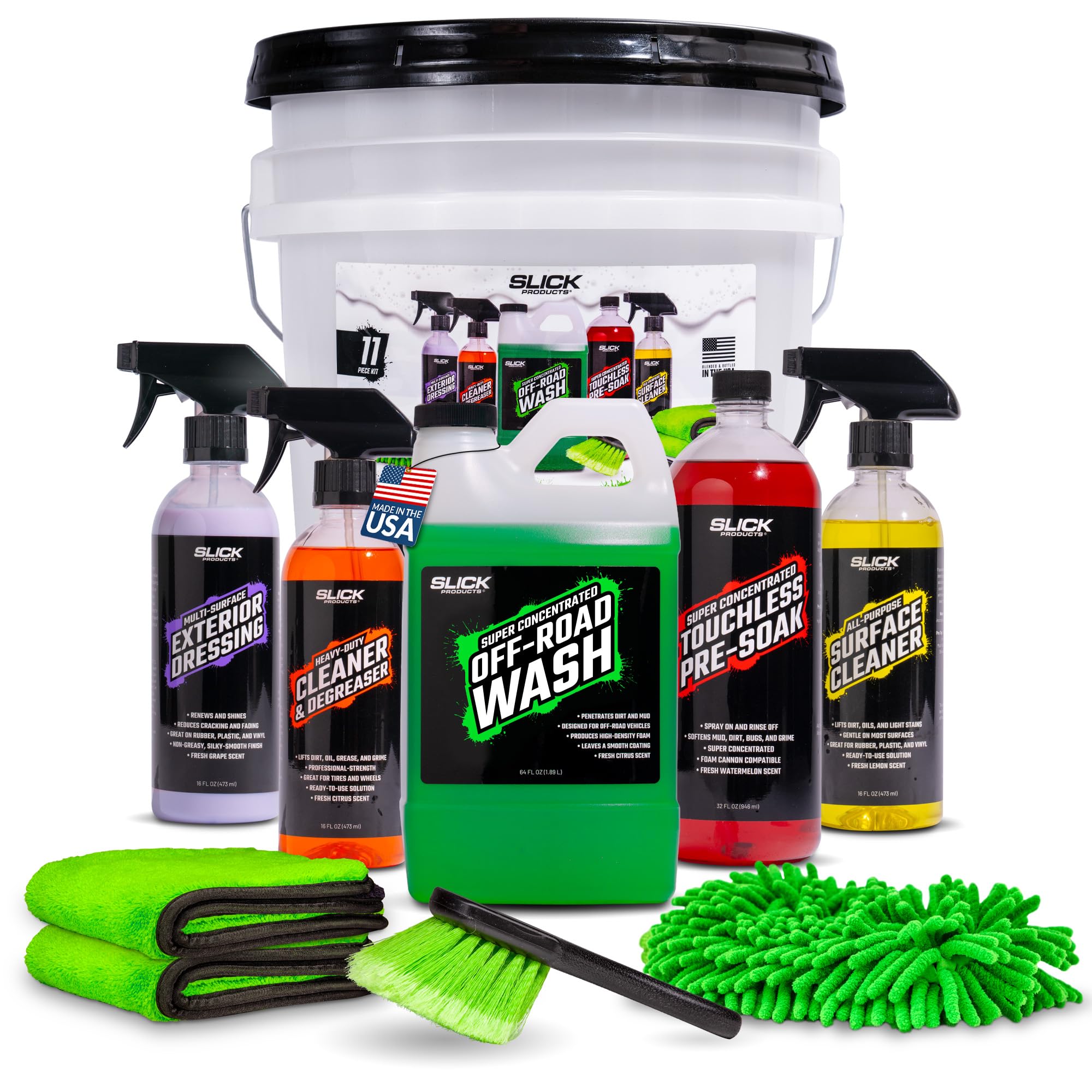Slick Products Off-Road Wash & Detail Kit – 11-Piece Vehicle Cleaning & Detailing Set for Dirt Bikes, ATVs, UTVs & Trucks – Includes Wash, Degreaser, Brush & Microfiber Towels