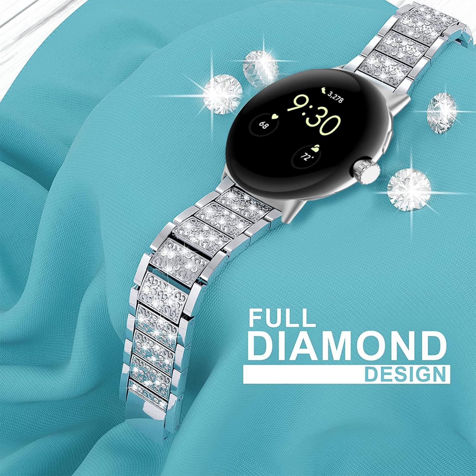 Miimall Kompatibel mit Google Pixel Watch 2/1 Armband, Glitzer Strass Diamant Metall Legierung Uhrenarmband Damen Ersatz Armbänder für Google Pixel Watch 2 2023/ Google Pixel Watch 2022 -Silber