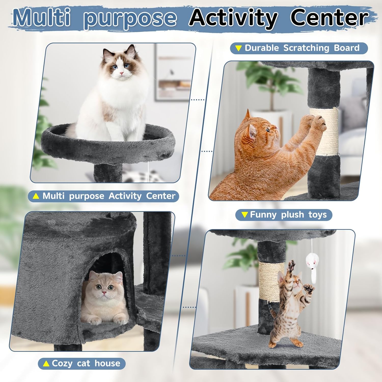 36 inch Cat Tree with Scratching Posts - Multi-Level Activity Center for Indoor Cats, Cat Condo Tower with Plush Perch (Light Gray)