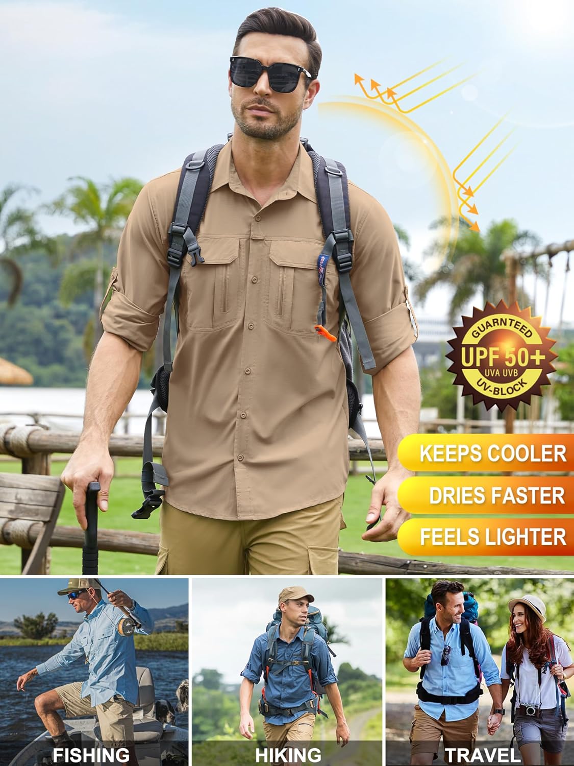 Men's Safari Shirt Long Sleeve UPF 50 Sun Protection Quick Dry Breathable Fishing Hiking Travel Shirt - Image 5