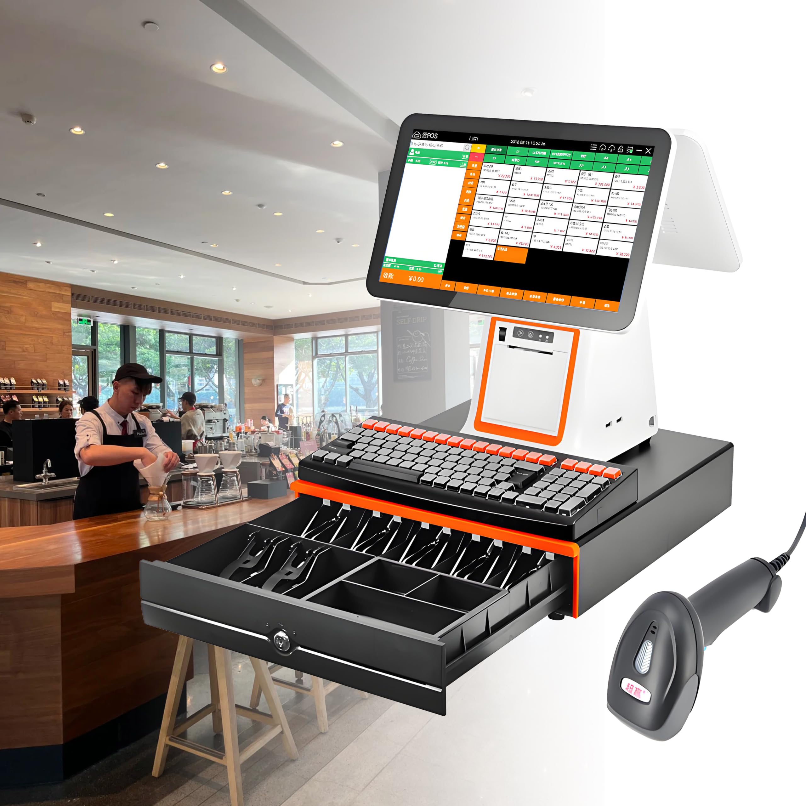 Registratore di cassa per supermercati, registratore di cassa touchscreen intelligente all-in-one a doppio schermo, con stampante termica integrata per vendita al dettaglio, ristoranti ecc. White2