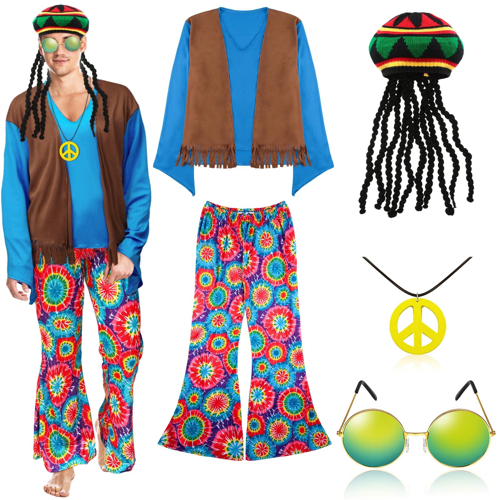 Geyoga5 Pcs 60s 70s Men's Adult Hippie Costume Set Shirt with Faux Vest Boho Pant Sunglasses Necklace Rasta Hat with Dreadlocks