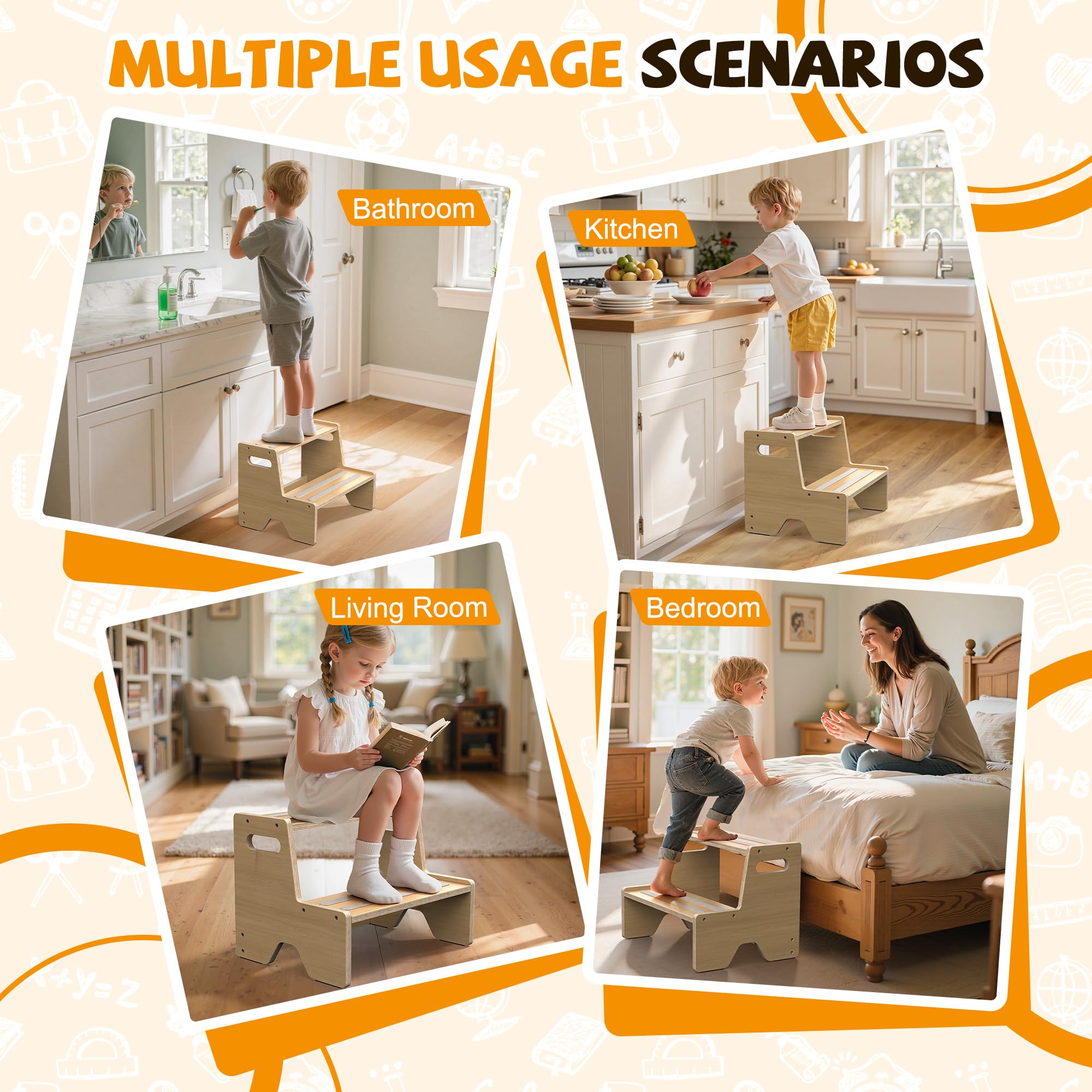 2-stufiger Holzhocker für Kleinkinder, 2 Stück, mit rutschfester Oberfläche und Pads, Griffe für Badezimmer, Küche, Schlafzimmer, Toilette, Töpfchentraining