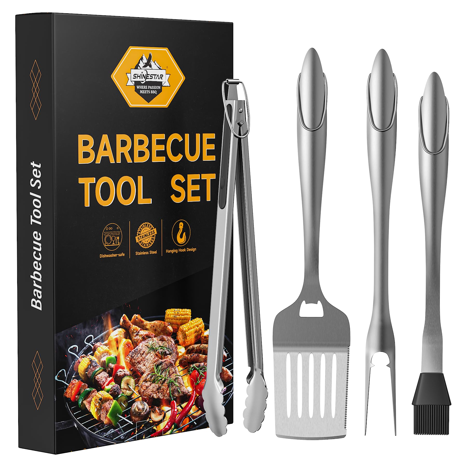 SHINESTAR Heavy Duty Grill Tools Set, Stainless Steel Grilling Accessories with Spatula, Tongs, Fork and Basting Brush, 4PCS, Ideal Grilling Gifts for Man