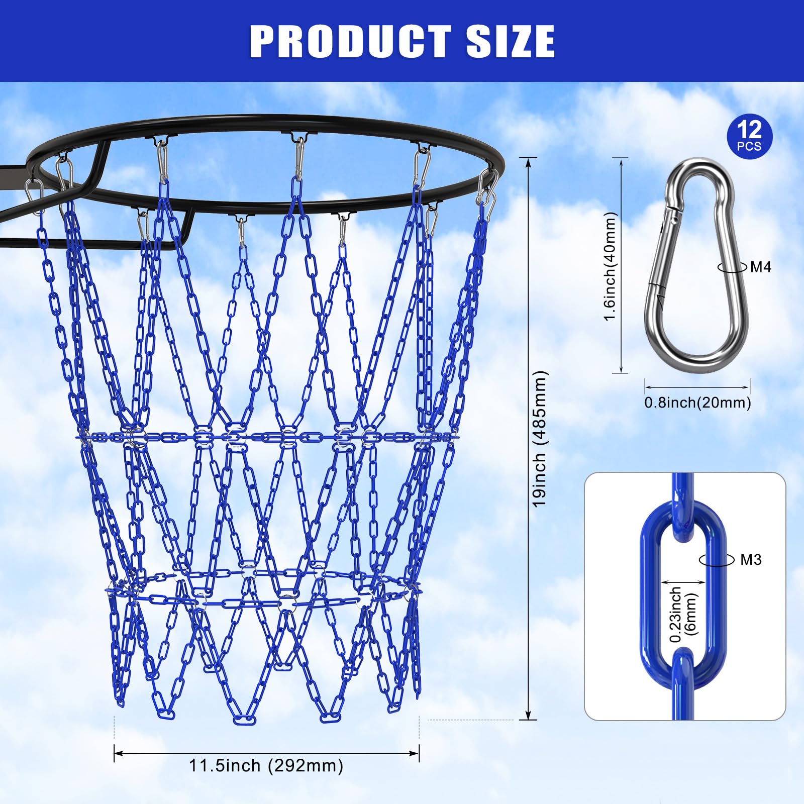 Insaga Red de baloncesto de cadena de metal resistente, red de cadena de baloncesto de 19 pulgadas para aro de repuesto para interiores y exteriores, red de cadena de acero inoxidable para borde