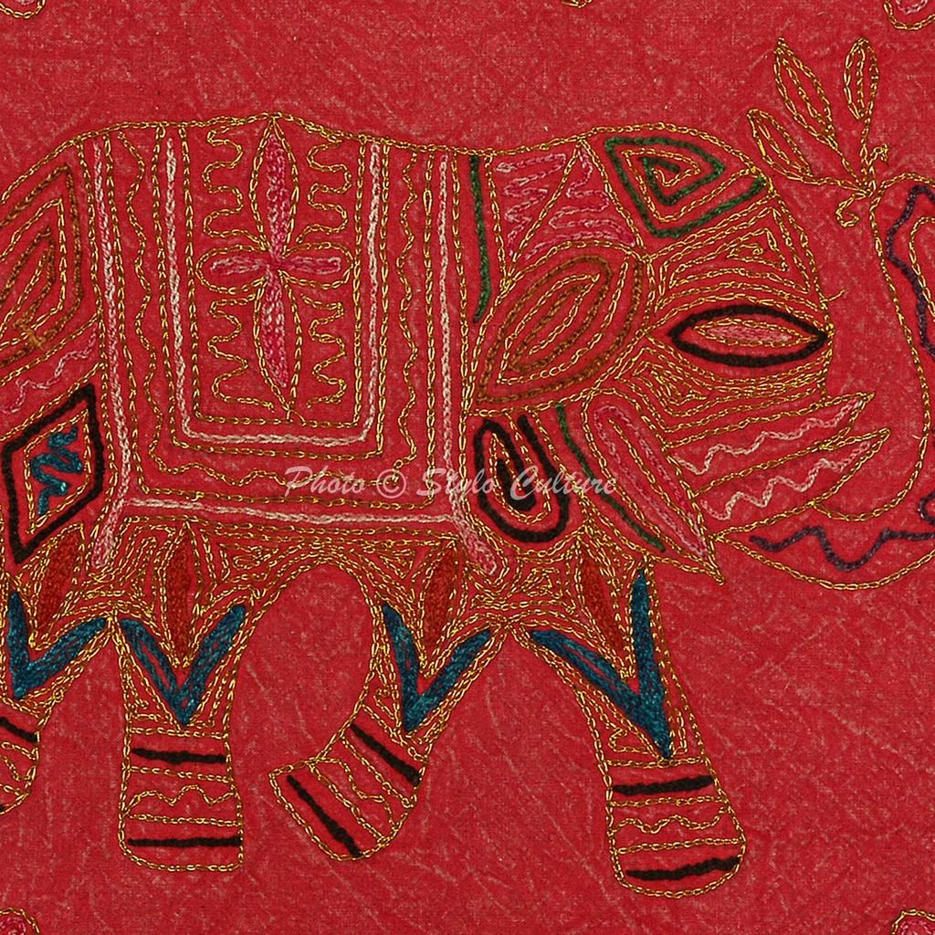 Fodera Per Cuscino Bohémien 40x40 Cm Con Ricamo Elefante In Filo Oro, Arancione, Cotone, Solo Federa