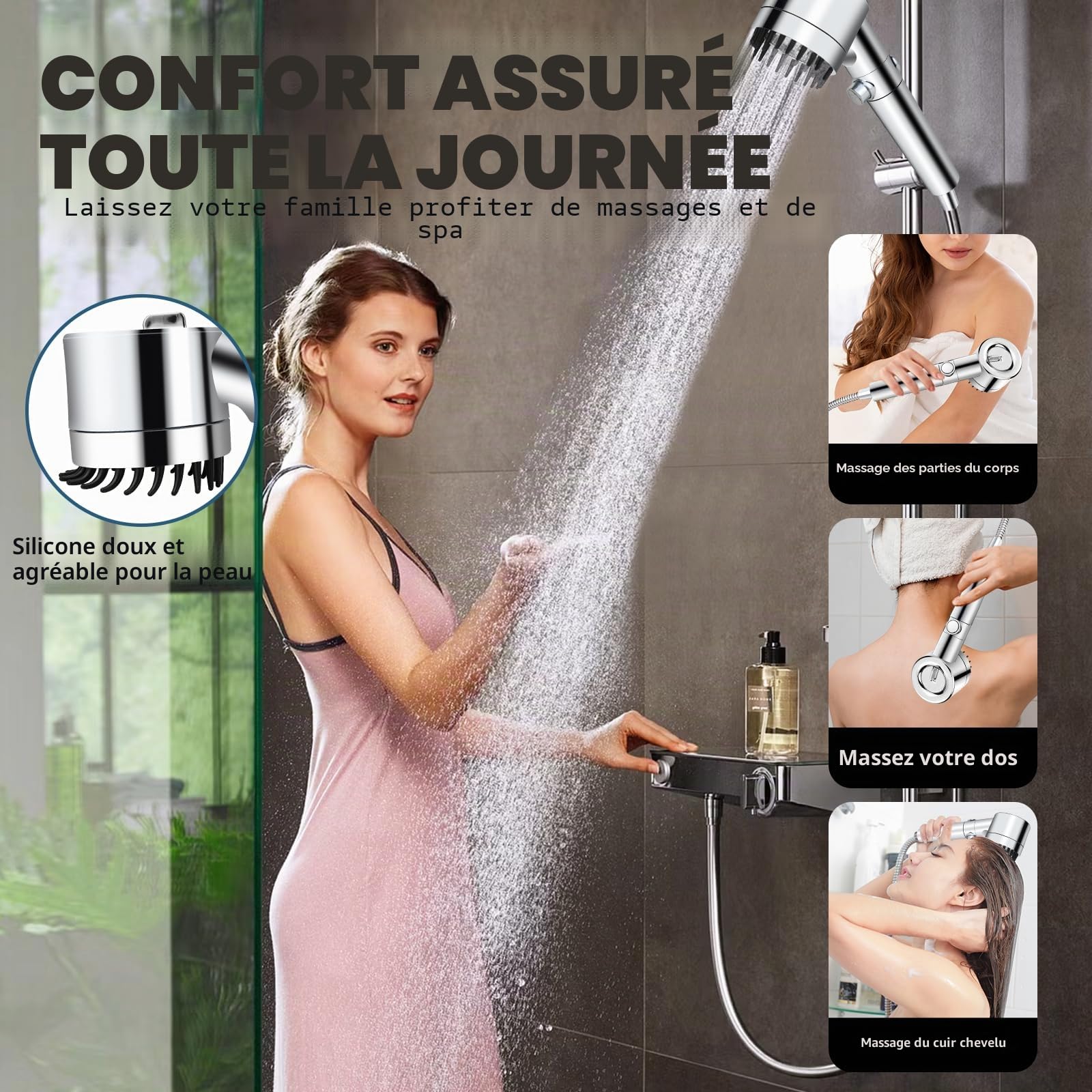 Pommeau de Douche Anti Calcaire avec 15 Étapes Filtre et Tuyau 2M Pomme de Douche Économie D'eau Haute Pression Douchette Douche Salle de Bain Filtrant avec 3+1 Types de Jets et Bouton D'arrêt(Argent)