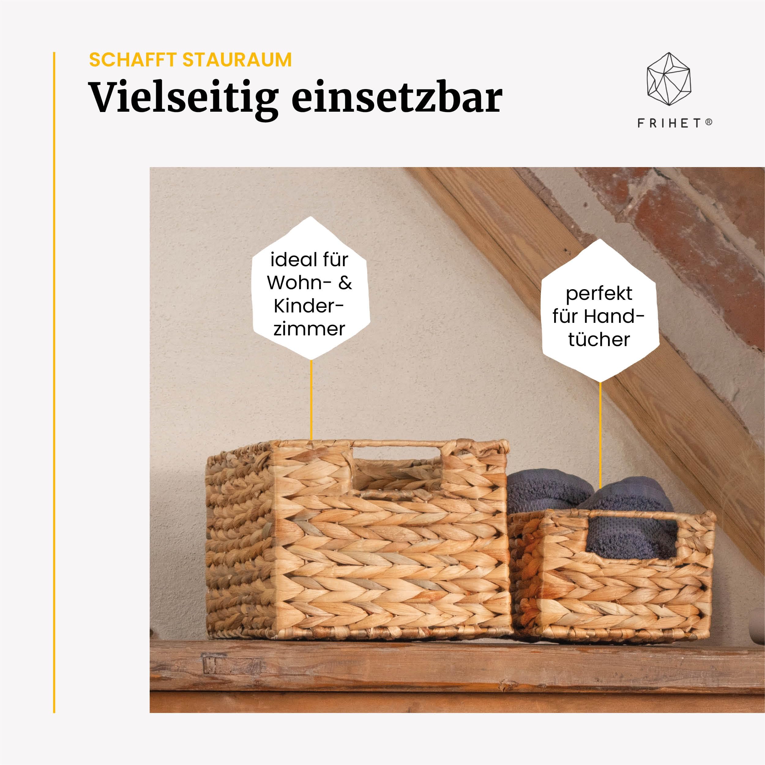 FRIHET Aufbewahrungskorb geflochten aus Wasserhyazinthe rechteckig | Aufbewahrungsbox mit Griffen | Wäschekorb klein, Kleiderschrank Organizer uvm. | versch. Größen (3er Set, Gr. 3)