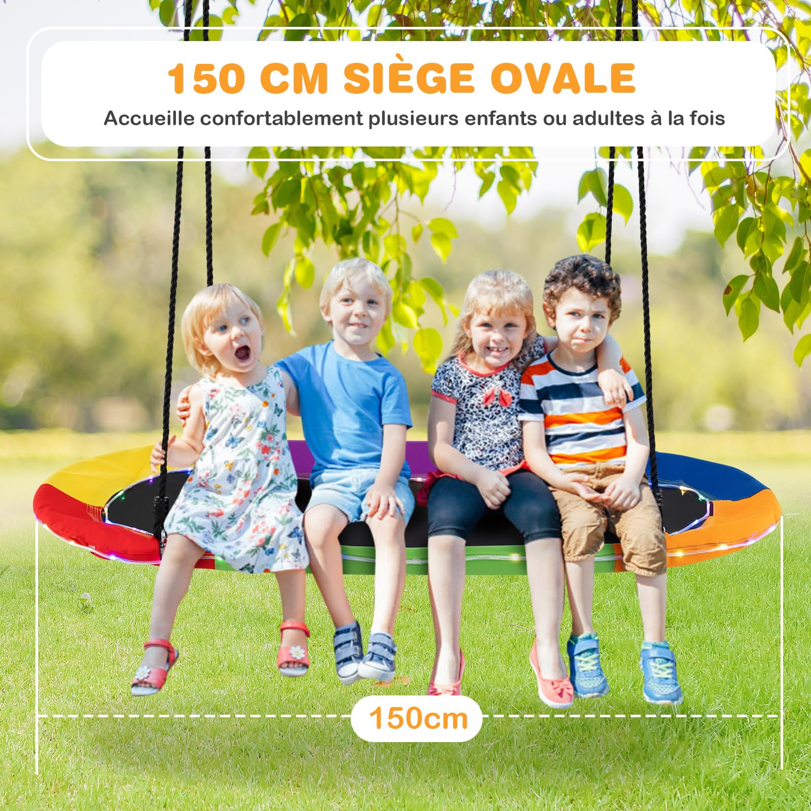 COSTWAY Balançoire Soucoupe Ovale Ø 150 cm avec Lumières LED, Balançoire Nid d'Oiseau en Tissu Oxford avec Cordes Réglables (100-180cm), Intérieur Extérieur, Charge 150kg pour Enfants et Adultes