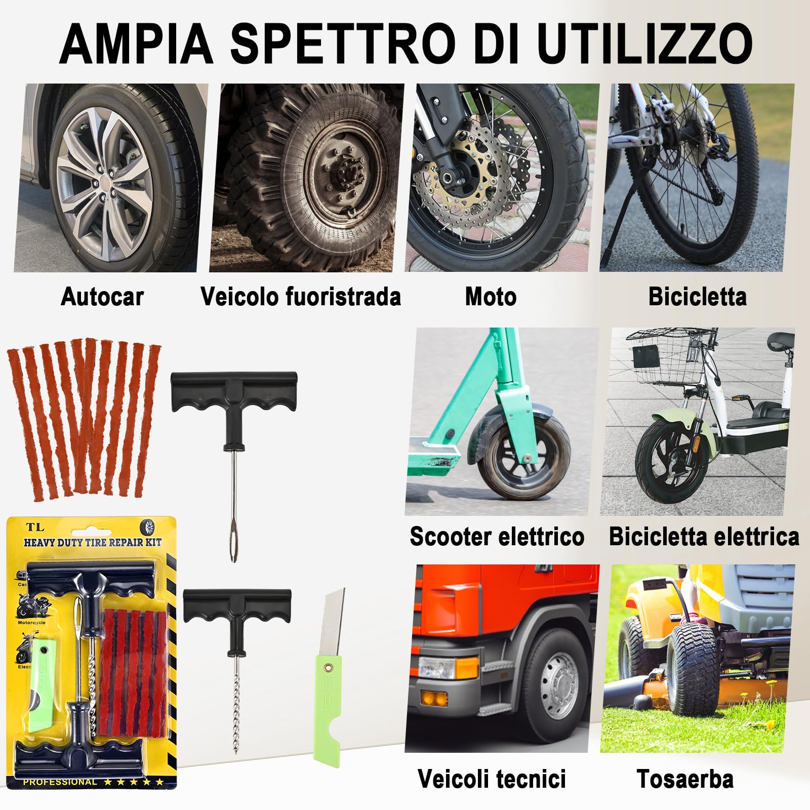 Faburo Kit Riparazione Pneumatici Auto, Moto, Professionali Kit Ripara Gomme Auto, 2 Strumento a T e Cutter, Strisce Riparazione Pneumatici, Per Moto, Camion, Jeep, ATV, Auto, ecc.