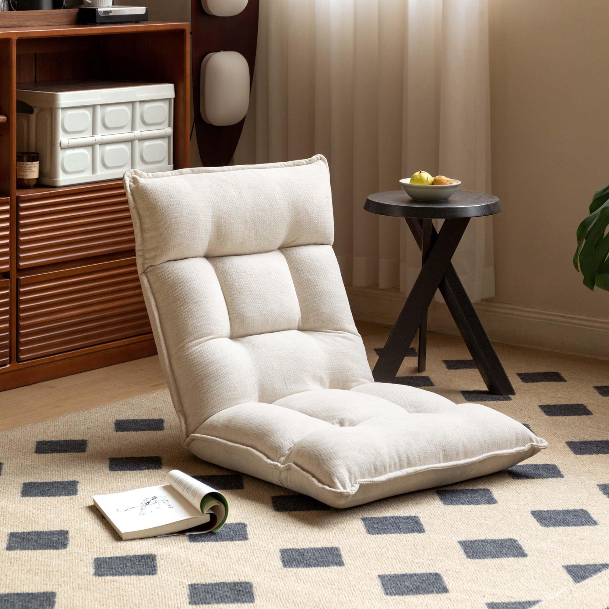YESWOOD Fauteuil de Sol Réglable 42 Positions, Dossier 90°-180° avec Appui-Tête, Chaise de Sol Paresseux Pliable, Fauteuil Relax Confortable pour Salon, Chambre, Blanc