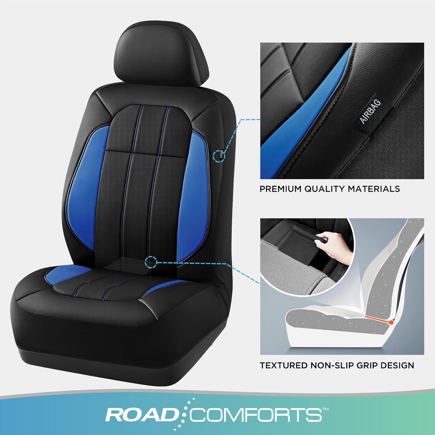 Road Comforts Car Seat Covers, Breathable Leather Seat Covers, Car Seat Covers Front Seats Airbag Compatible, Automotive Seat Covers for Most Cars, Vans, Trucks, SUV-Blue