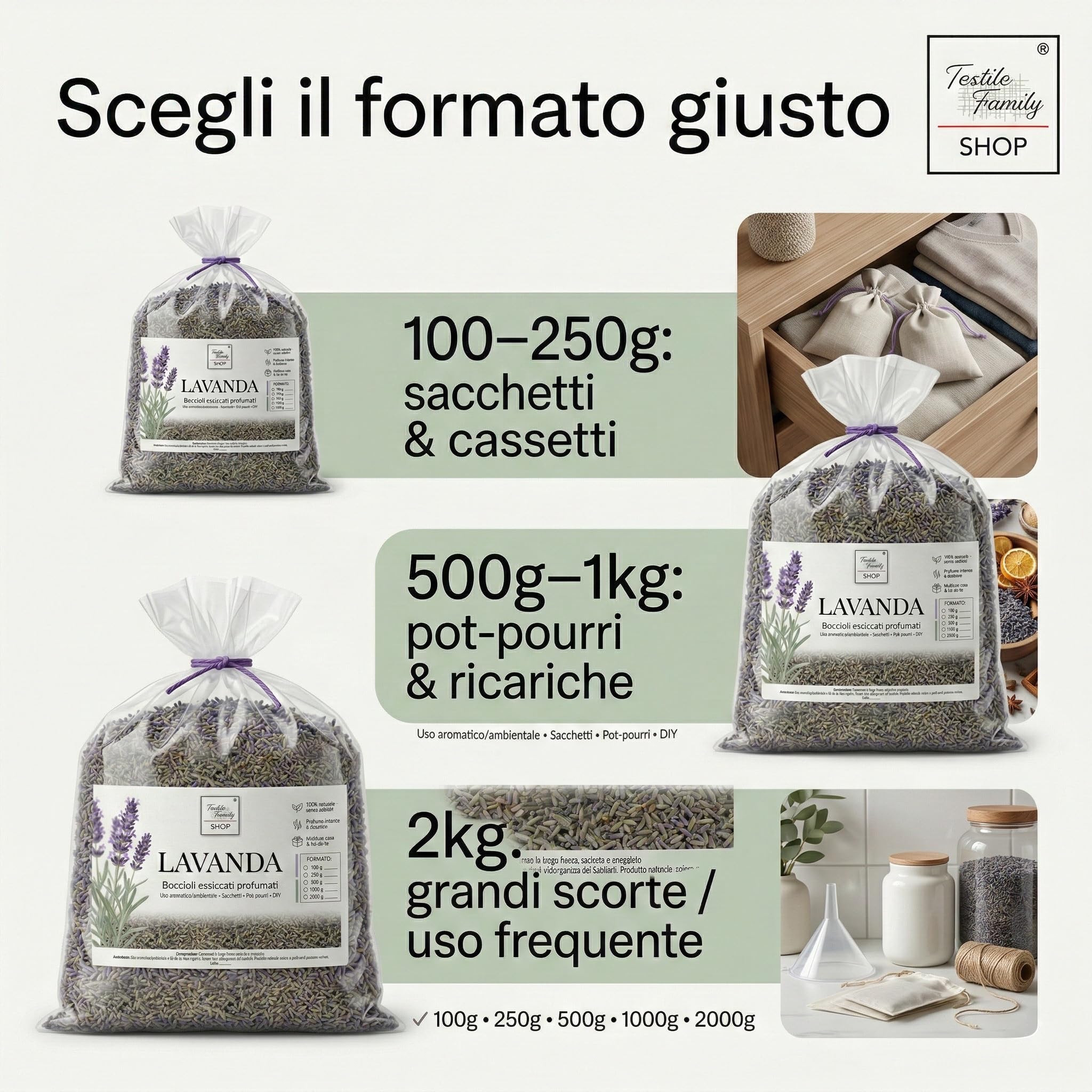 Tex family Lavande séchée bourgeons parfumés Made in Italy sacs armoires, pot-pourri et DIY - 2000 grammes