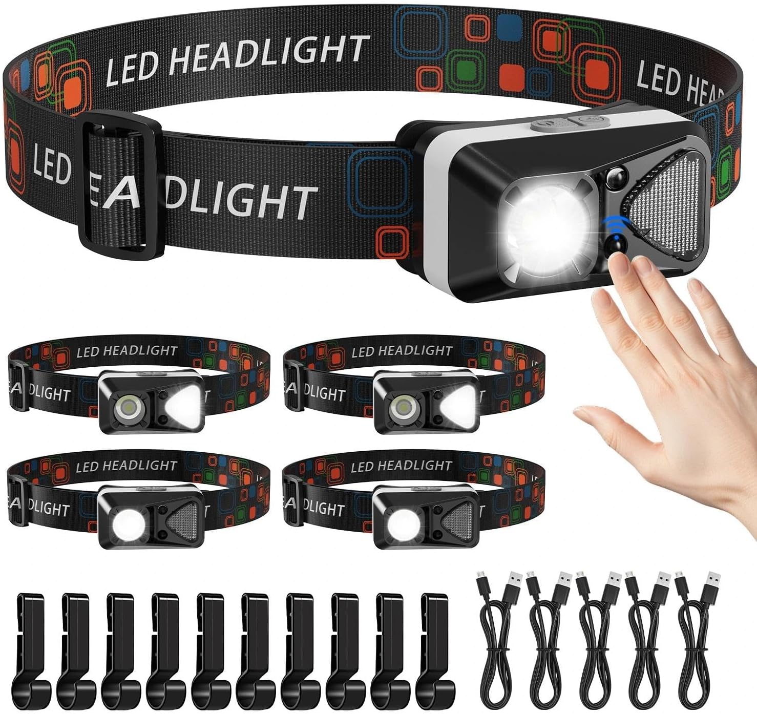 LED Headlamp Rechargeable with Motion Sensor, Ultralight Bright Headlight with White Red Light Waterproof 6 Modes for Outdoor Camping Running Hard Hat Fishing Repair, 5 Pack