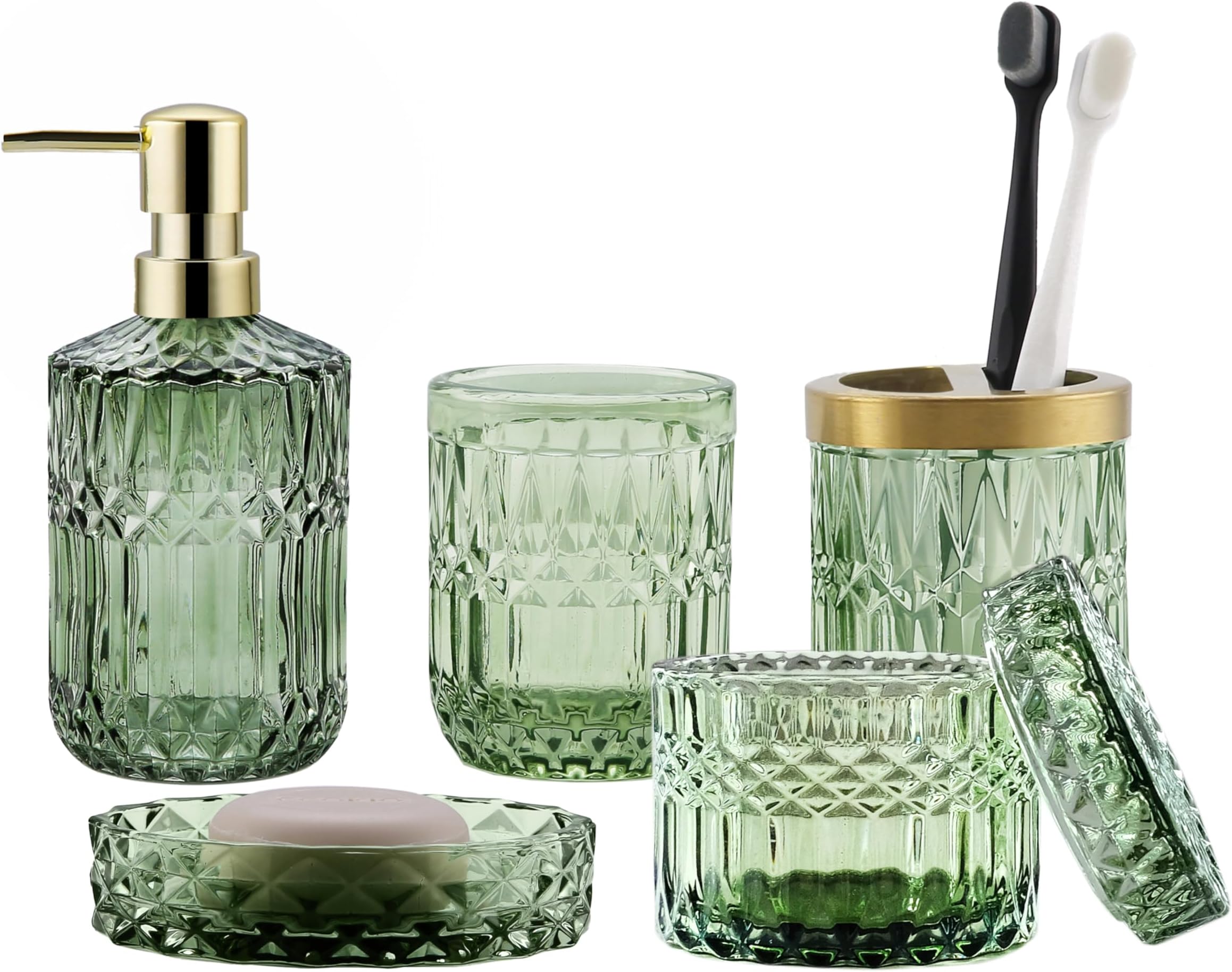 LaMarriti Green Bathroom Accessories Set, 5Pcs Clear Glass Bathroom Sets Accessories, Soap Dispenser, Soap Dish, Toothbrush Holder Set, Tumbler, Qtips Holder for Vintage Crystal Bath Decor