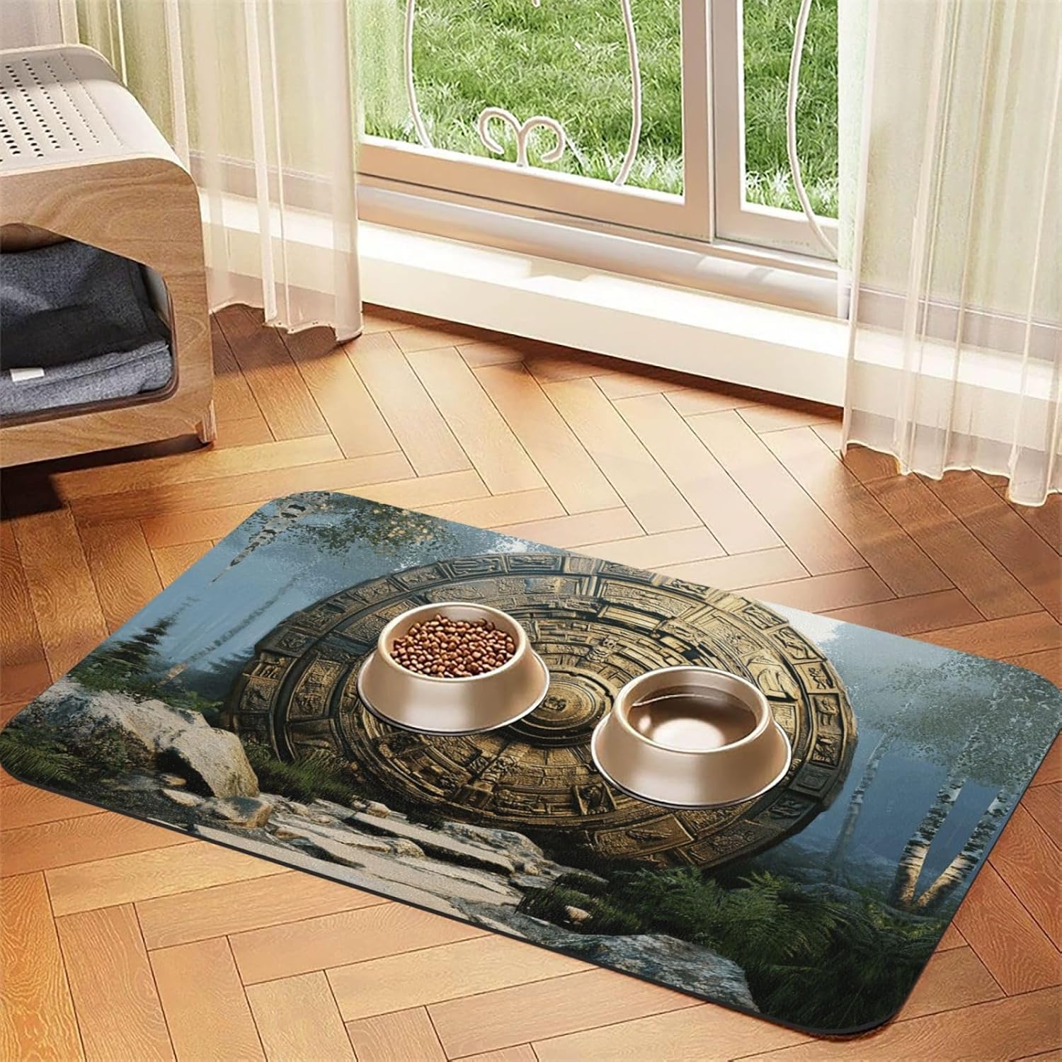 Iron arc gate Pattern Pet Feeding Mat Dog Cat Eating Food Absorbent Leather Tablecloth for and Water Bowl Waterproof No Stains Quick Dry Non-Slip 23.62 * 15.75IN