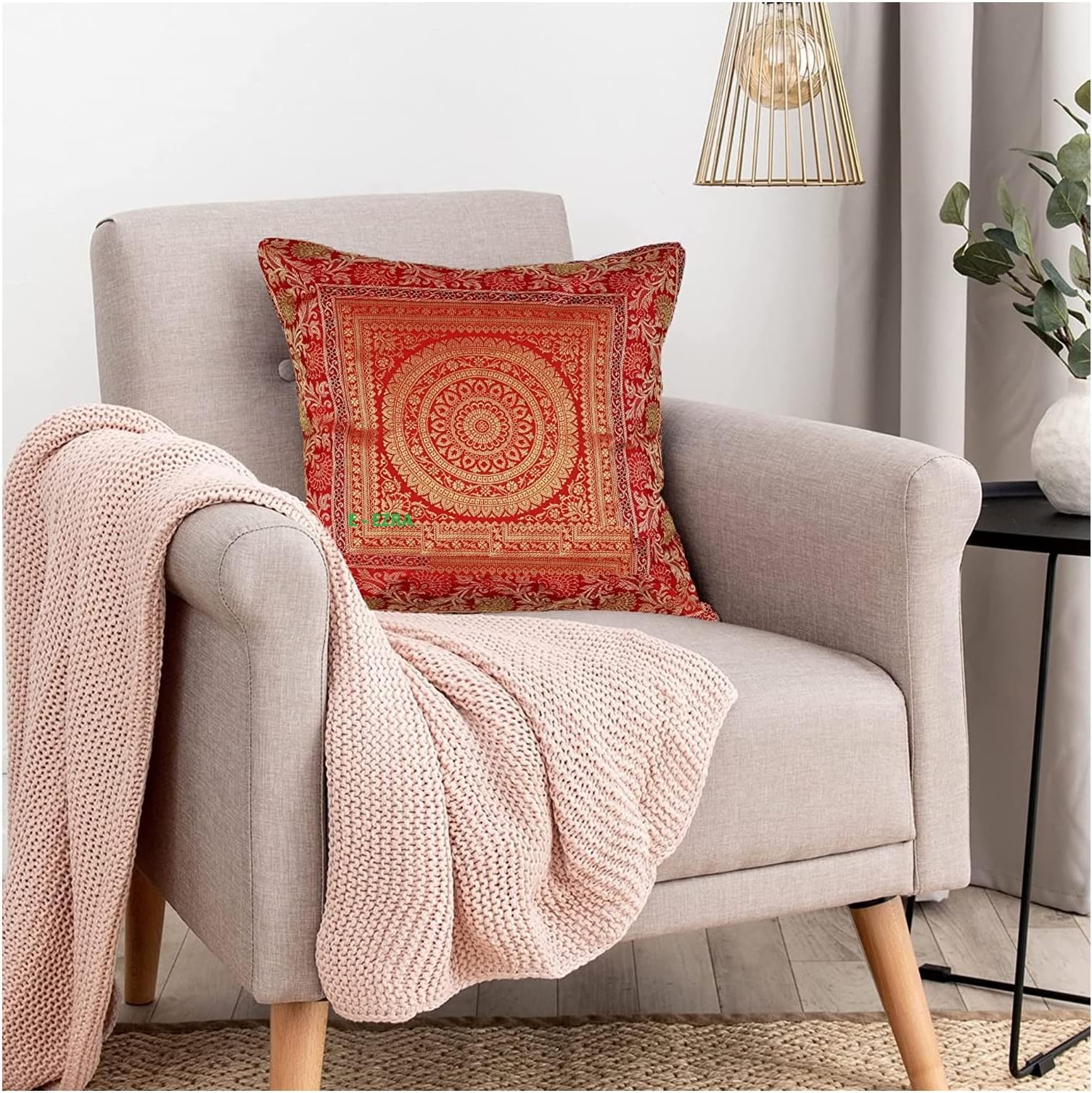 E - Ezra Brocade Settee Sofa Cushion Covers 16 Inch x 16 Inch Set of 5 Pc Black Gold Jacquard Festive Decor Square 40cm x 40cm (Orange)