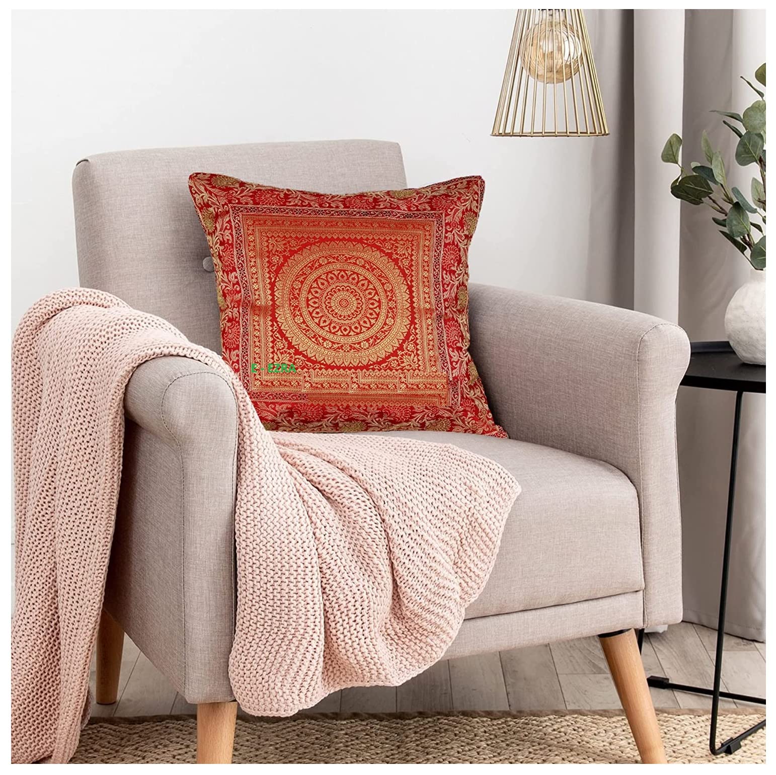 E - Ezra Brocade Settee Sofa Cushion Covers 16 Inch x 16 Inch Set of 5 Pc Black Gold Jacquard Festive Decor Square 40cm x 40cm (Orange)