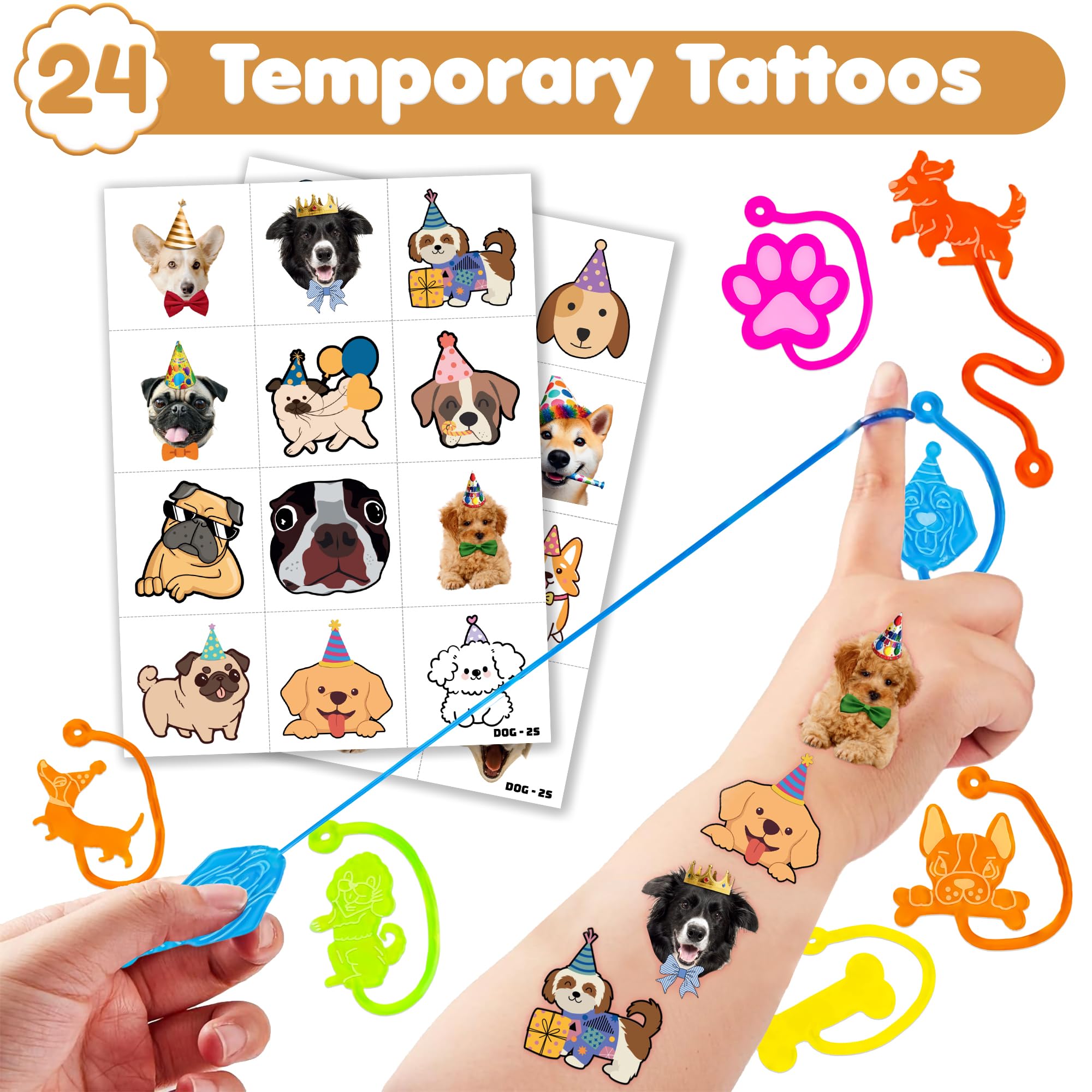 91STICKYHAND 48PCS Dog Party Favors - 24PCS Dog Temporary Tattoos & 24PCS Dog Sticky Hands - Perfect Birthday Favors, Goodie Bag Stuffers, Treasure Box Toys, Classroom Prizes, and Student Gifts