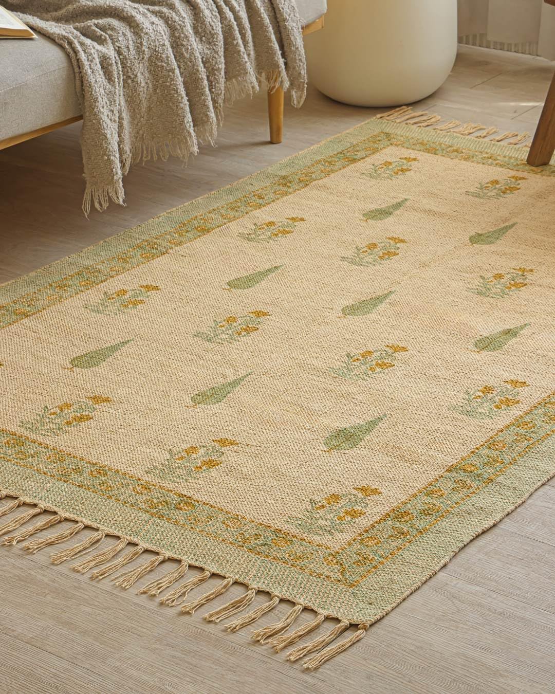 Clasiko Hand Block Print Dari Carpet 4x6 Feet – Earthy Sage Rug with Tassels, Boho Vintage Design for Living Room, Bedroom & Coffee Table-image-36