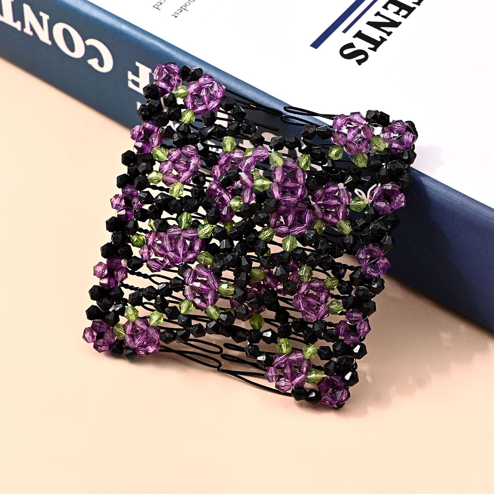 5 Pièces Pince à Cheveux Extensible Magique, Peignes de Cheveux Extensible Double Clips, Noir Peignes de Cheveux Perles et Élastiques, Pince à Cheveux Magiques et Élégants pour Cheveux Longs Bouclés