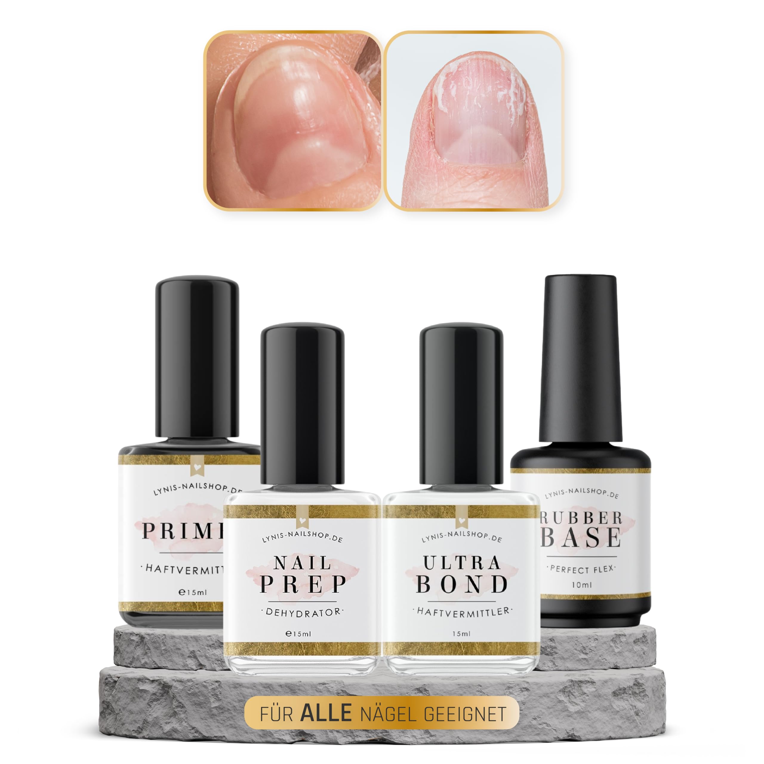 Ultra Bond HAFTUNGS-Set INTENSIV für alle Kunstnägel mit weniger Liftings und langer Haltbarkeit (Primer, Ultra Bond, Dehydrator, Perfect Flex) · Lynis-Nailshop.de