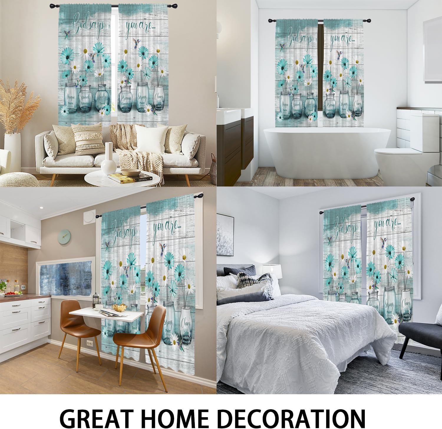 Coxila Teal Floral Flowers Window Curtains for Bedroom 52x84 Inch Rod Pocket Wide Long Turquoise Bird Aqua Grey Daisy Rustic Farmhouse Patterned Living Room Treatment Set of 2 Curtain Panels Drapes