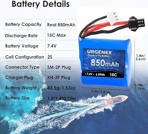 Miniatura 2 de URGENEX 7.4V Lipo Batería 850mAh 2S RC Barco Batería con SM 2P Plug 6.29Wh H100 Baterías para Skytech H100 H102 RC Barcos