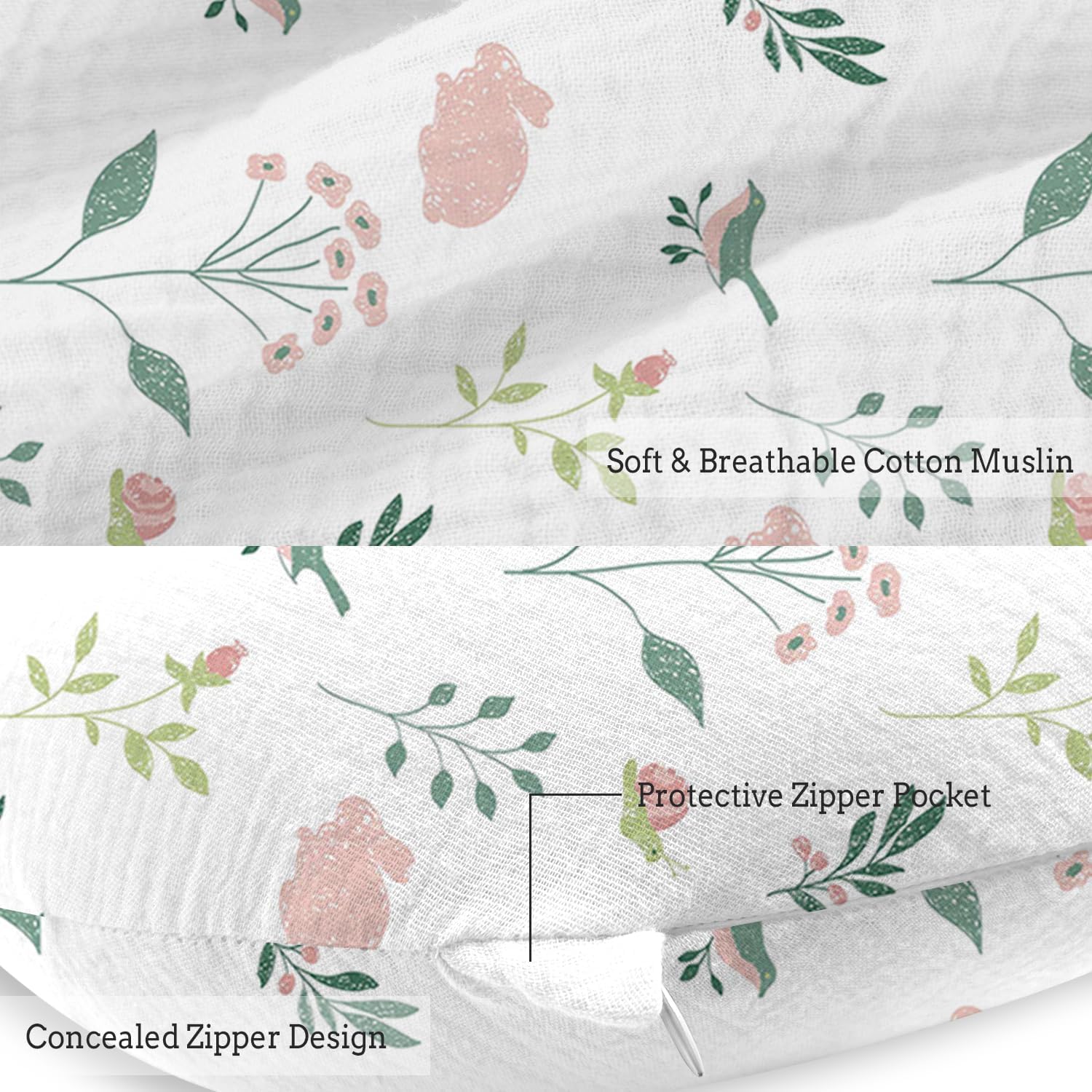 Little Grape Land Muslin Nursing Pillow, Soft 100% Cotton Breastfeeding Pillow with Breathable Cotton Removable Cover, Pink Bunny Breast Feeding Pillows for Babies 0-12 Months with Protective Zipper - Image 5