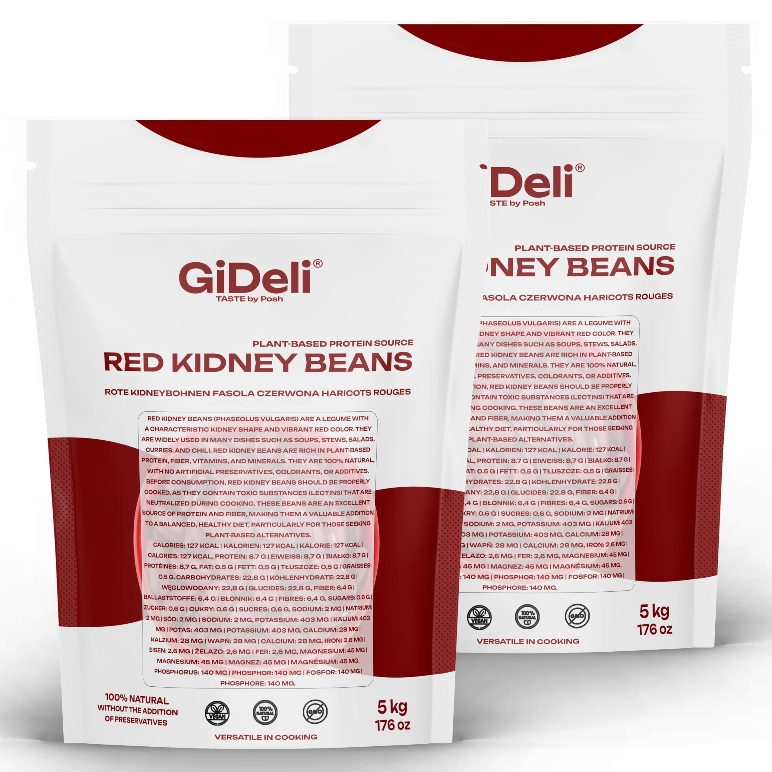 GiDeli Kidneybohnen getrocknet 2 x 5kg - Rote Bohnen - veganes Protein, hoher Ballaststoffgehalt - ohne Salz, ohne Zuckerzusatz - für Chili con Carne, Bowls, Tacos