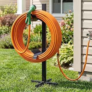 Moxweyeni Garden Hose Reel Holder Stand with Ground Stakes, up to 150-ft Hoses, Detachable Metal Water Hose Holder, Heavy Duty Garden Storage Rack for Outside Yard Lawn