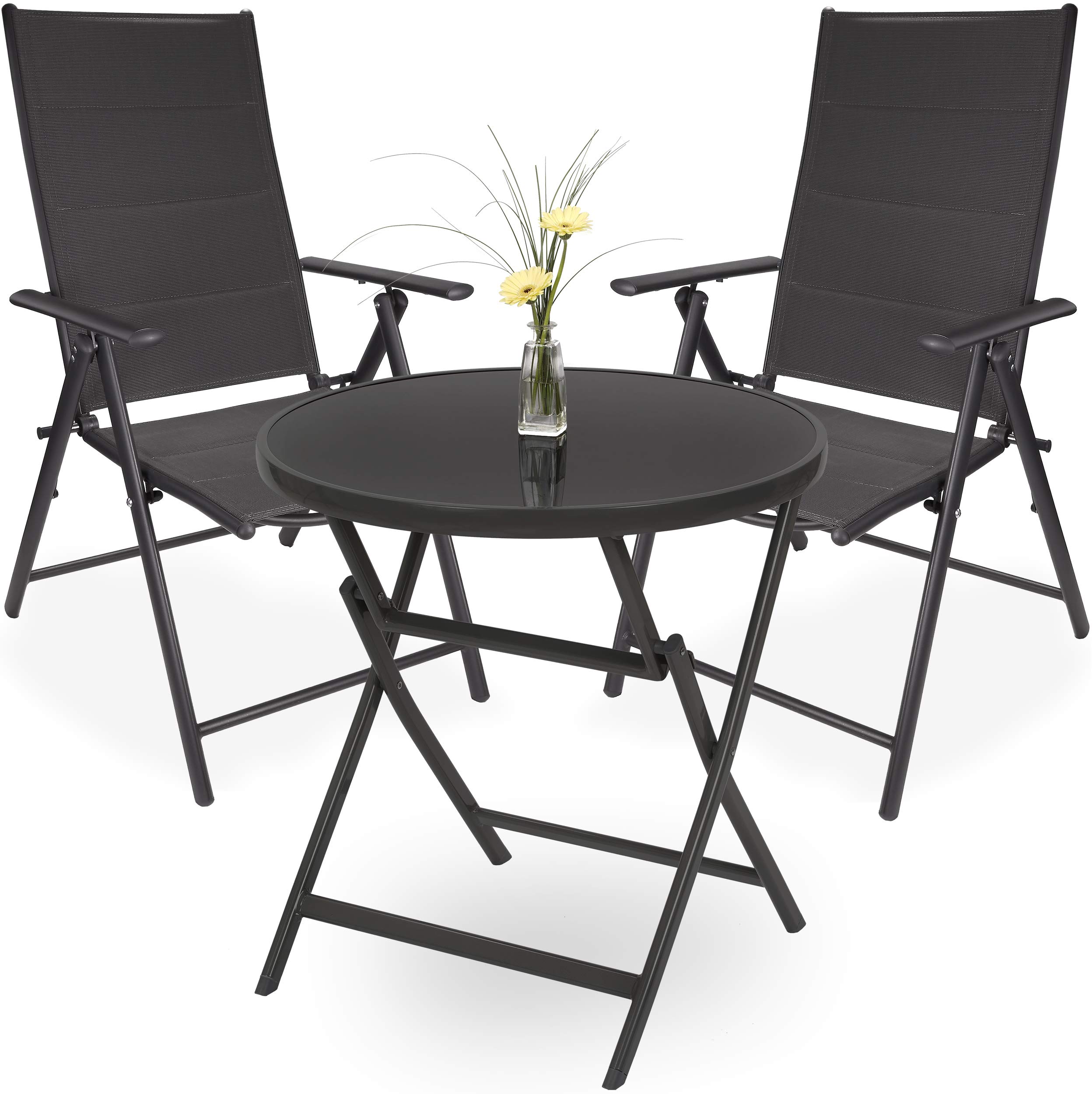 BRUBAKER Riva Set de Conjunto Muebles Jardín 3 Piezas - 1 Mesa de Vidrio Redonda 70 cm Ø - con 2 Sillas de Respaldo Alto - Antracita | 1 mesa plegable de cristal redonda de 70 cm de diámetro con 2 sillas de respaldo alto