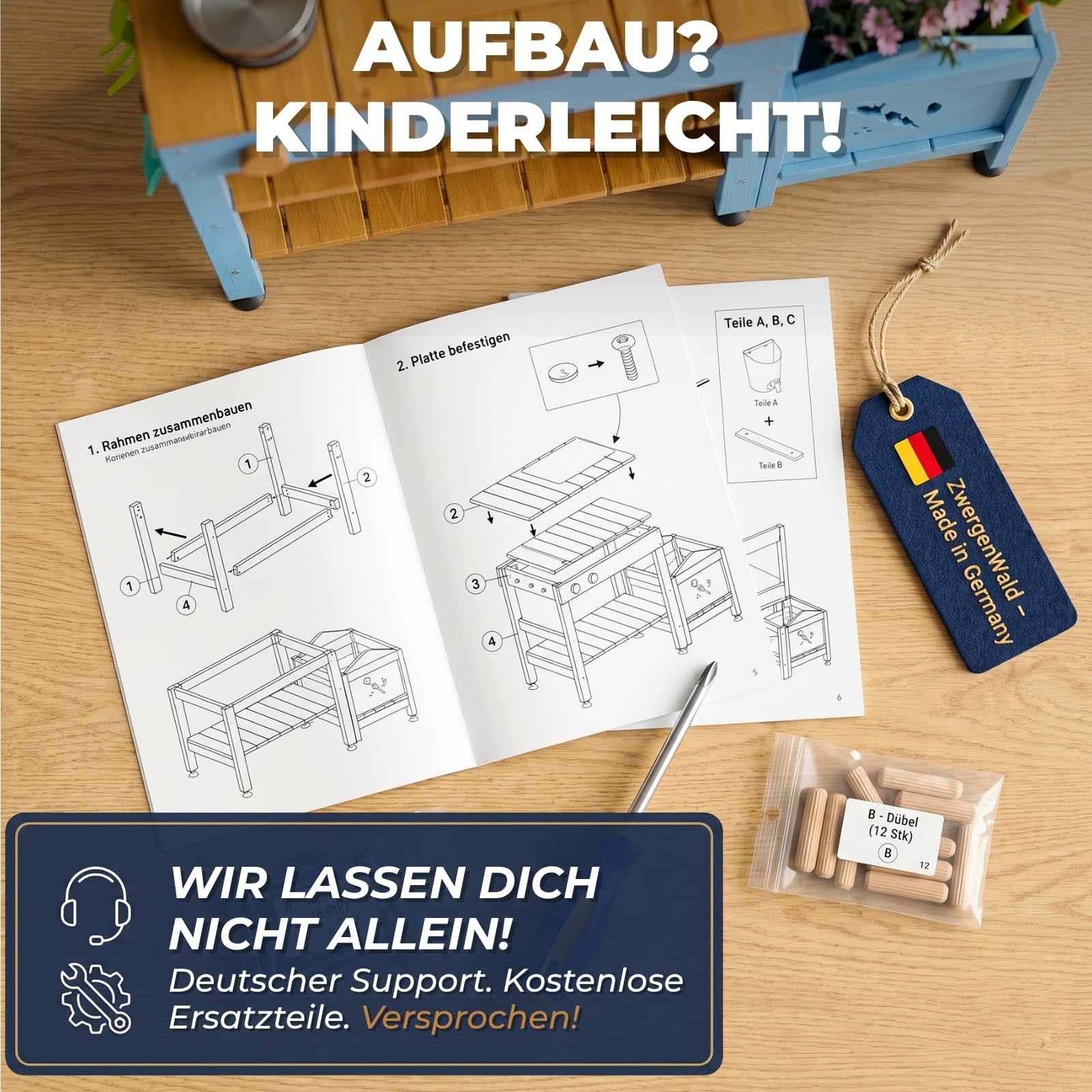 Matschküche Kinder Outdoor mit Wassertank & Spülbecken, mit Pflanzkasten, Mud Kitchen Holz, Spielküche Outdoor Höhenverstellbar, Matschtisch Kinder, Kinderküche Holz Wetterfest
