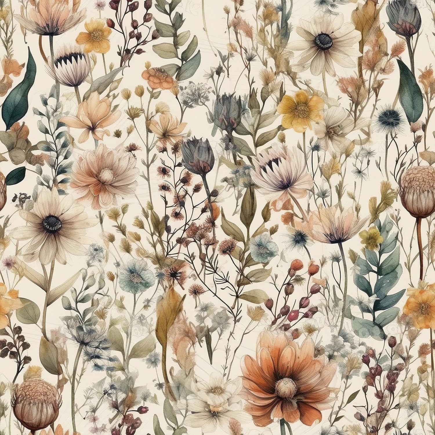 Vintage Floral Wallpaper Peel and Stick Botanical Flower Wallpaper Removable Watercolor Beige Terracotta Floral Contact Paper Country Cottage Core Farmhouse Kitchen Self Adhesive 17.5x80