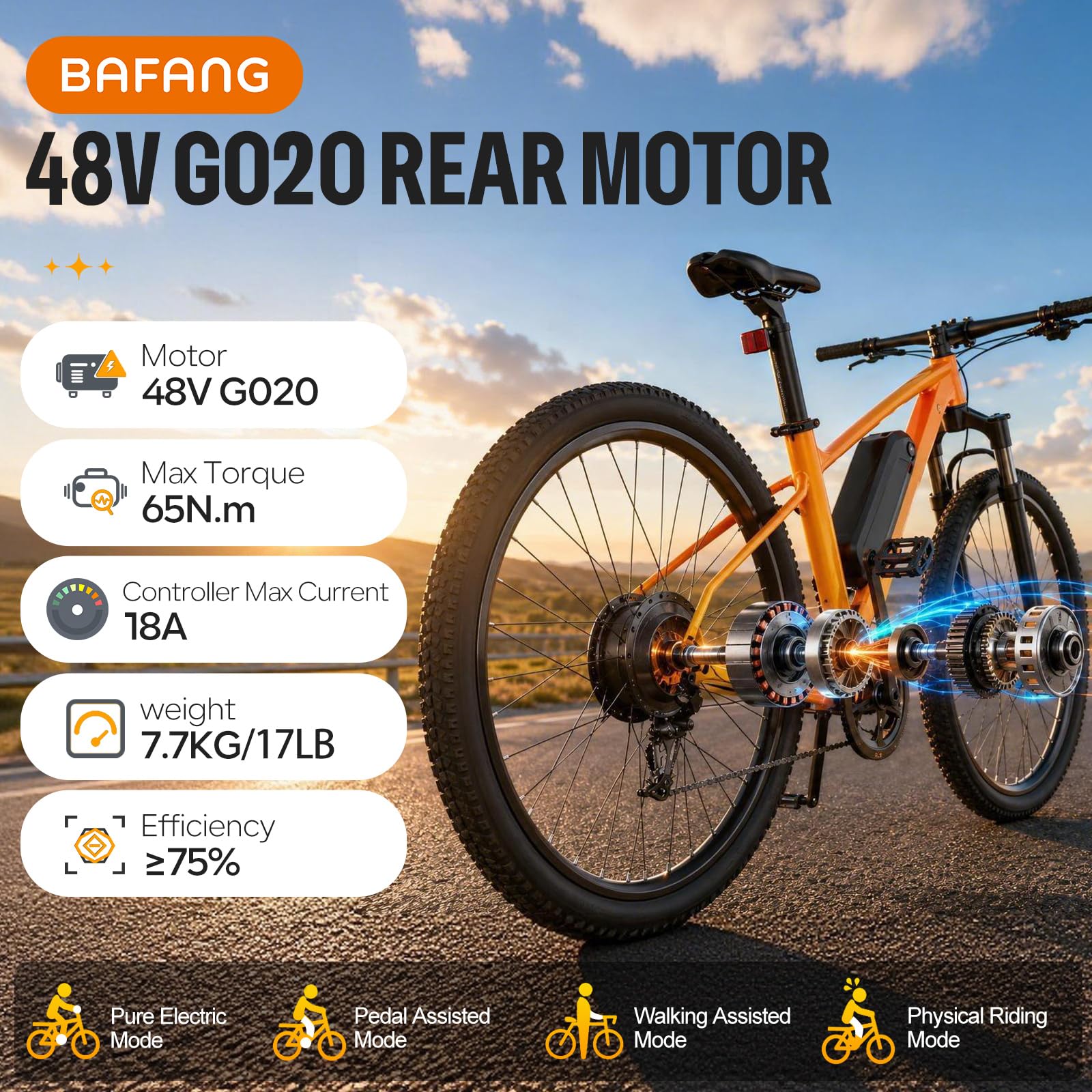 BAFANG 48V G020 EBike Umbausatz mit Hinterradmotor, 20"/26"/27,5"/28"/29"/700C E-Bike Nachrüstsatz mit Smart Controller, optionalem Display & optionalem Akku für MTB & City E-Bikes