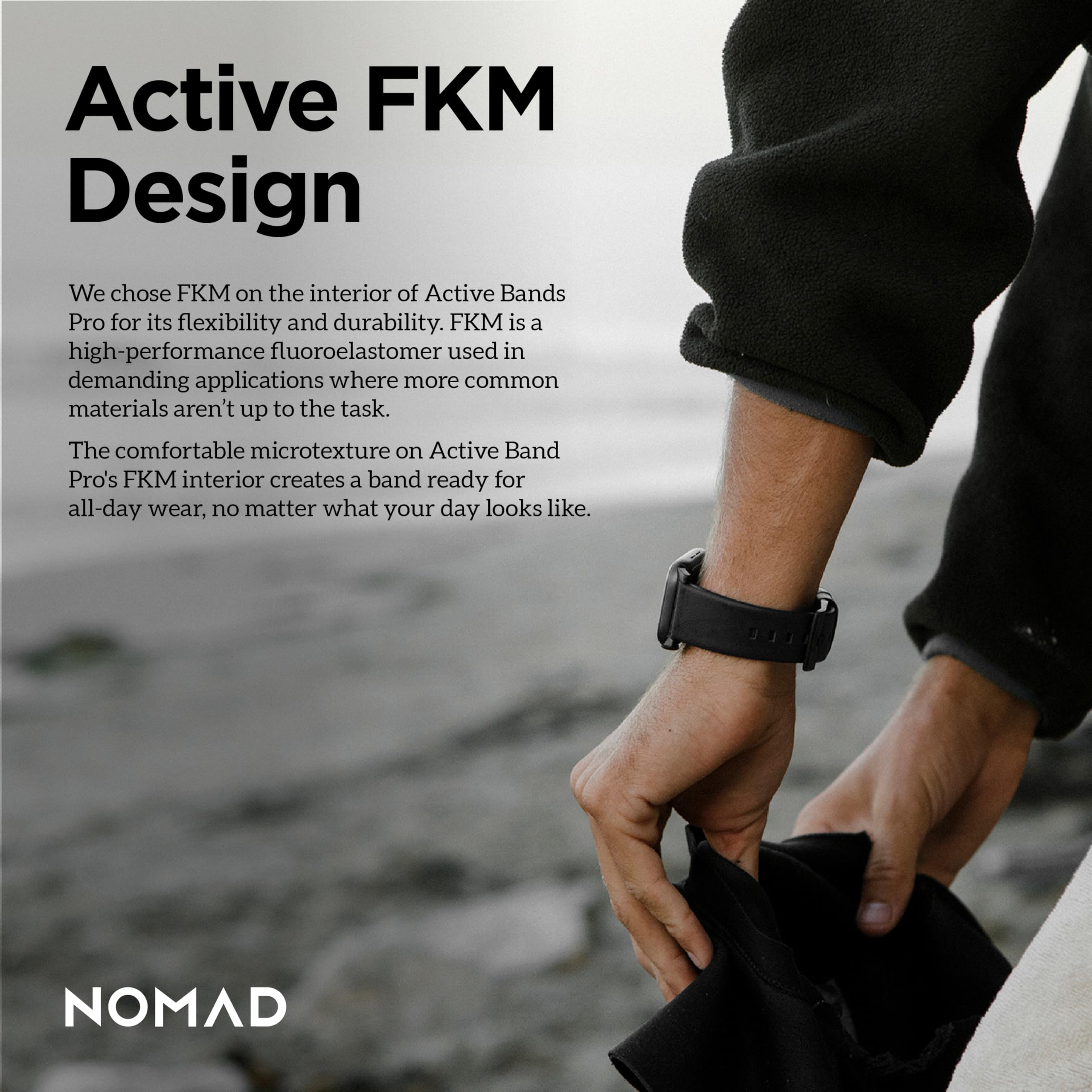 NOMAD Modern Strap Black Connector Black Active Leather Pro strapazierfähiges Uhrenarmband aus Leder und Kunststoff FKM für die Apple Watch 42/44/45/49mm in schwarz mit schwarzen Schnallen
