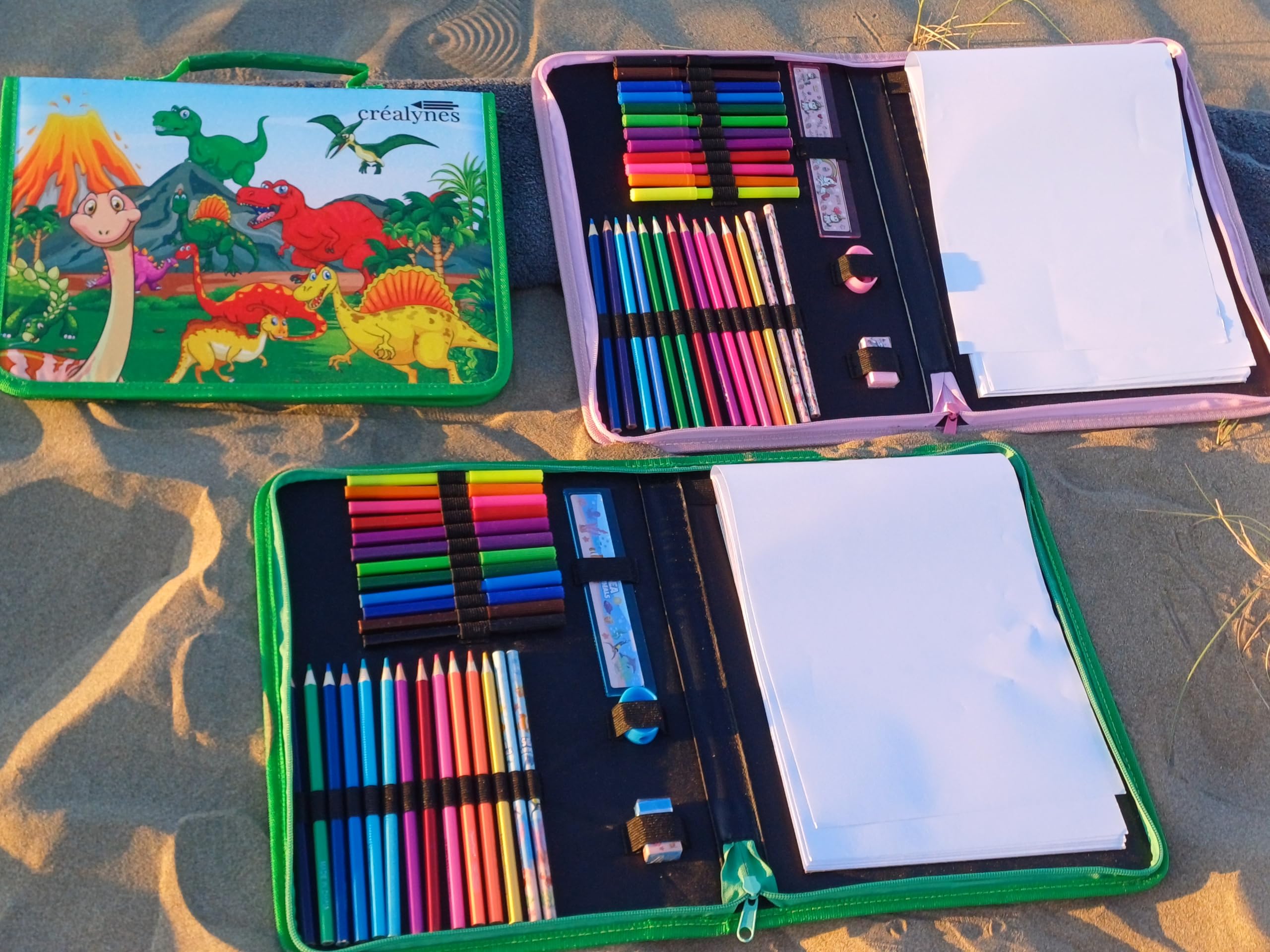 Créalynes Pochette De Dessin Animaux Dinosaure - Malette Complète 30 Pièces Pour Enfants : 12 Crayons Couleur, 12 Marqueurs, Cahier Croquis, Règle & Plus !