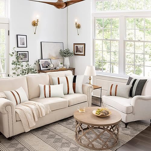 Miniatura 7 de Merrycolor Paquete de 2 fundas de almohada decorativas de lino sintético de 18 x 18 pulgadas, fundas de almohada cuadradas modernas de lino para