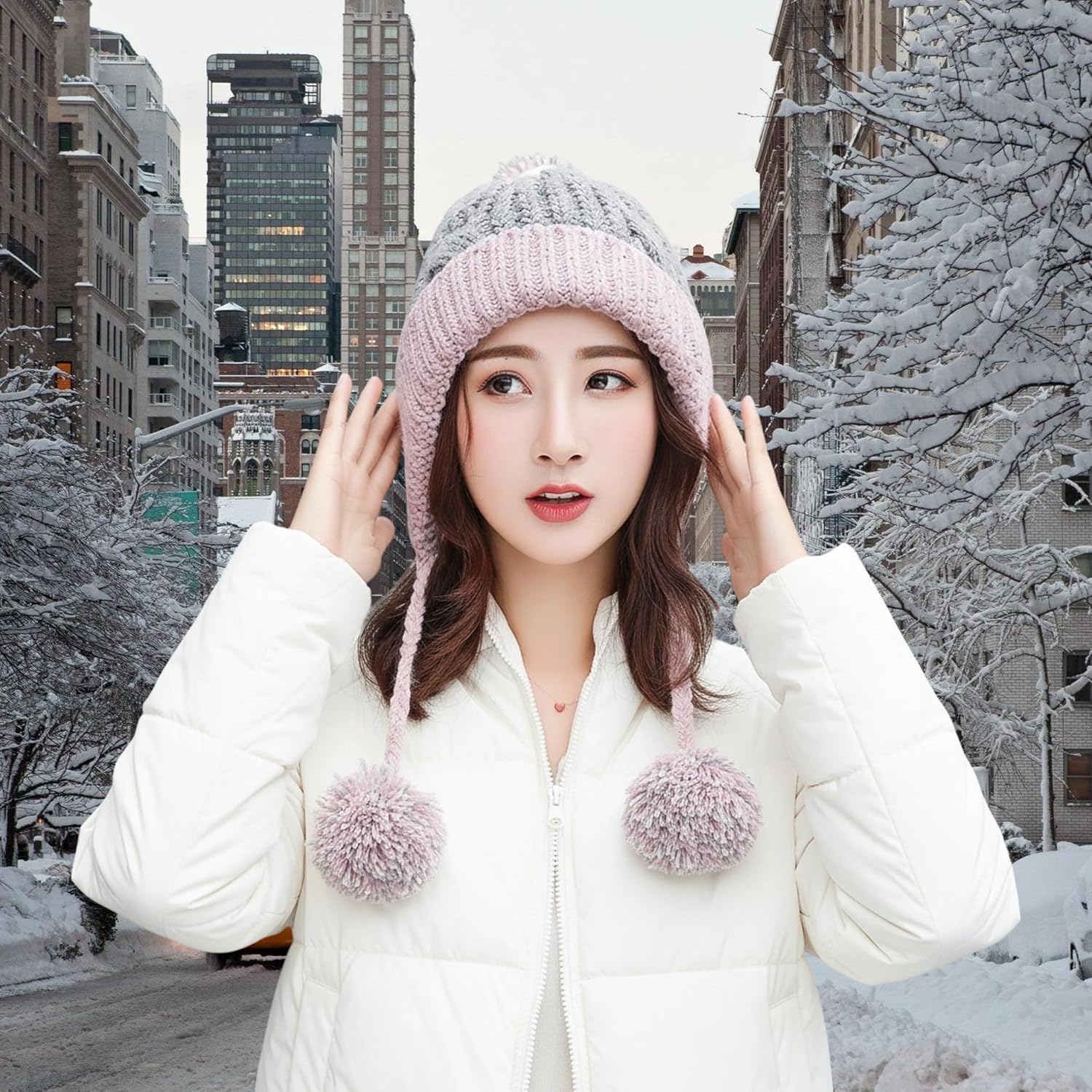 Women Winter Peruvian Cover Ears Beanie Hat Ear Flaps Sherpa Ski Snow Hats Knit Fleece Lined 3 Pom Pom - Image 8