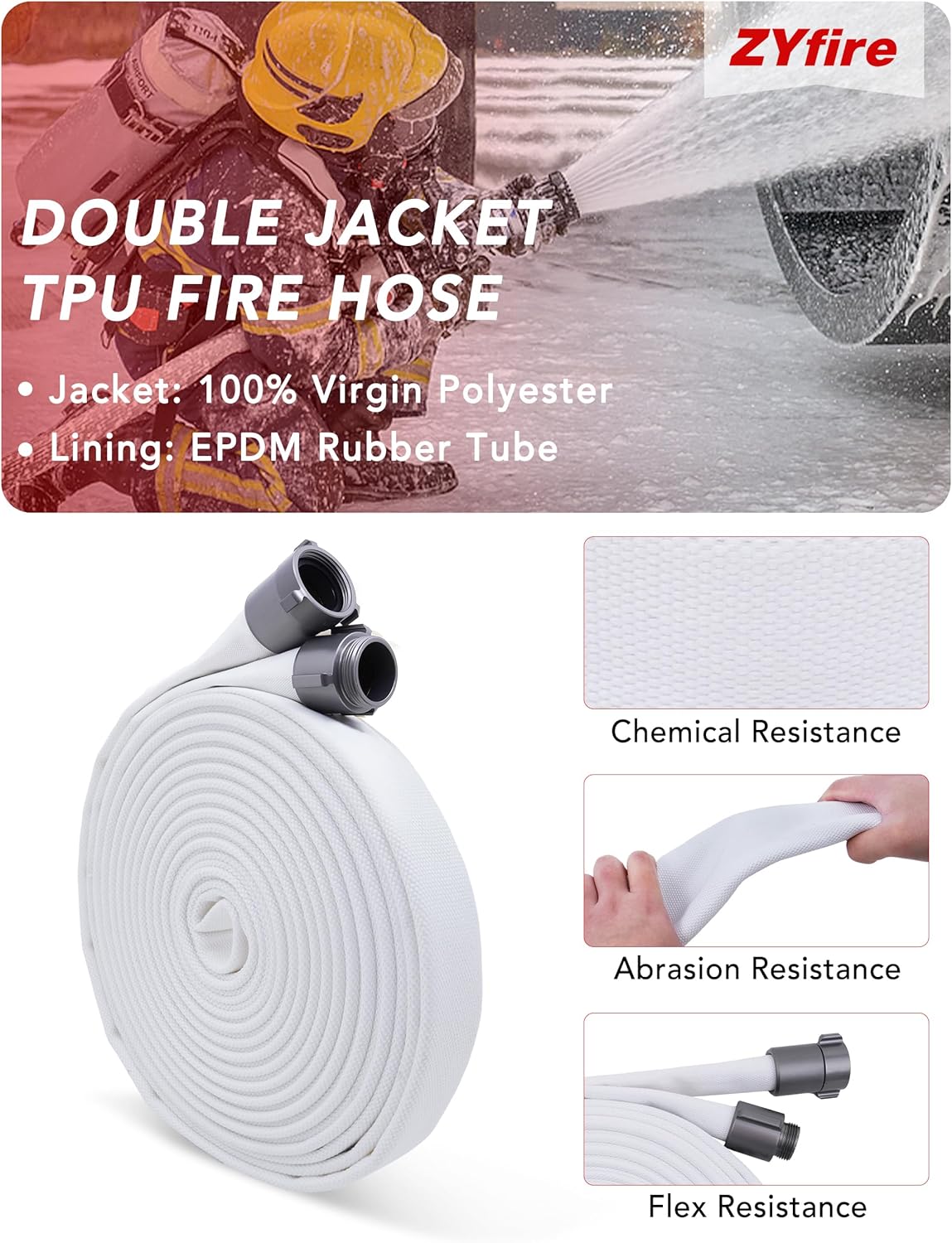 ZYfire Fire Hose - 1" ID x 50 FT Double Jacket EPDM Firefighter Hose with M x F NPSH Aluminum Couplings 1200 PSI Burst Pressure Lightweight for Firefighting & Residential Use