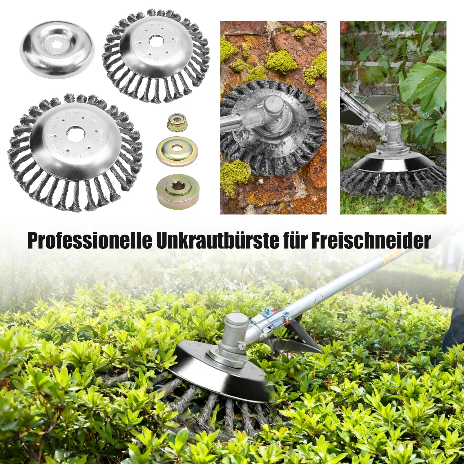 Hoypeyfiy 2 x Professionelle Unkrautbürste für Freischneider, 8 Zoll + 6 Zoll Edelstahl-Drahtbürste, 25,4 mm Kegel-Unkrautbürste mit 4 Adaptern für Unkraut und Moos