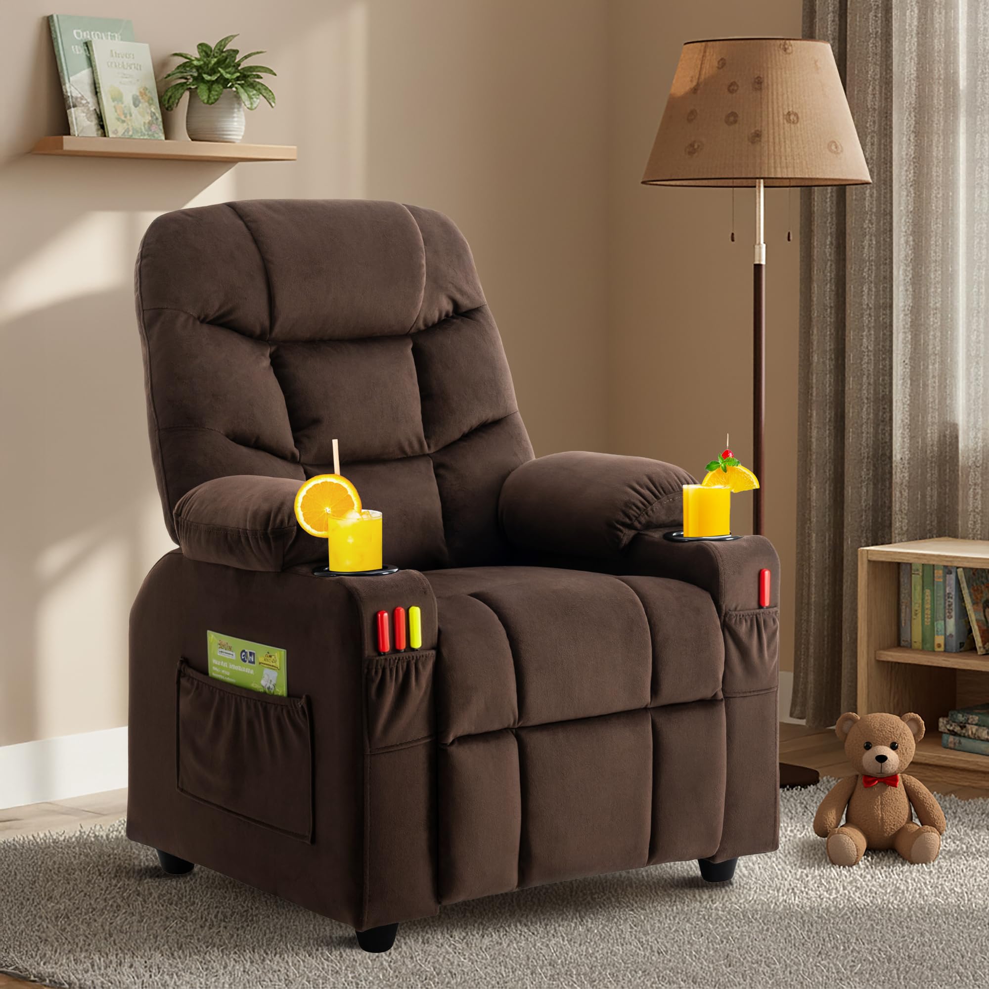 Kids Recliner Chair Velvet Reclining Toddler Push Back Big Sofa Ages 3-12